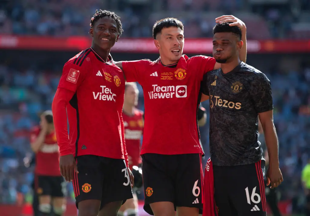 Man Utd midfielder Kobbie Mainoo celebrates his side's FA Cup win with team-mates Lisandro Martinez and Amad Diallo (