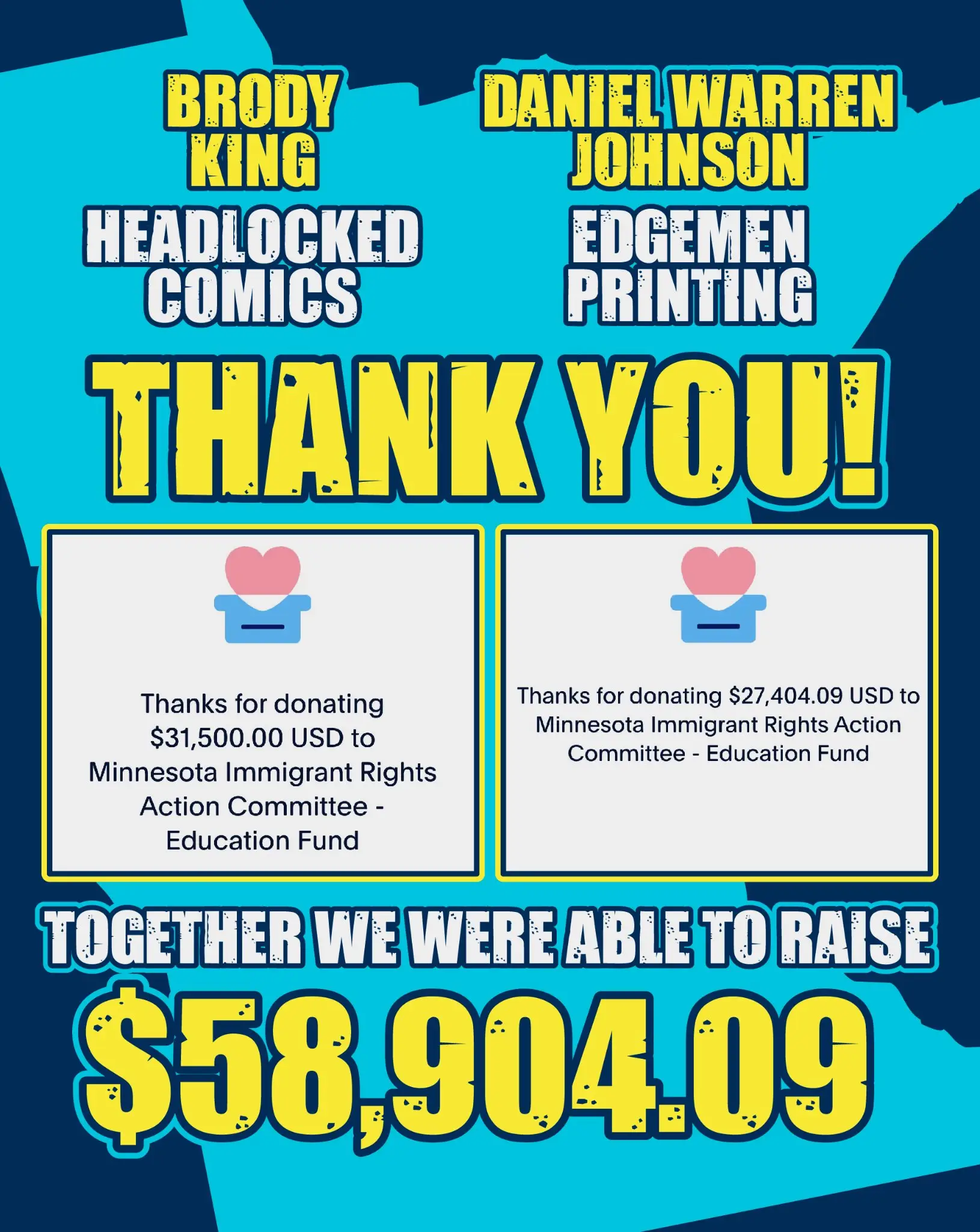 King announced more than $50,000 was raised for Minnesota Immigrant Rights Action Committee - Education Fund. Image: X/@Brodyxking