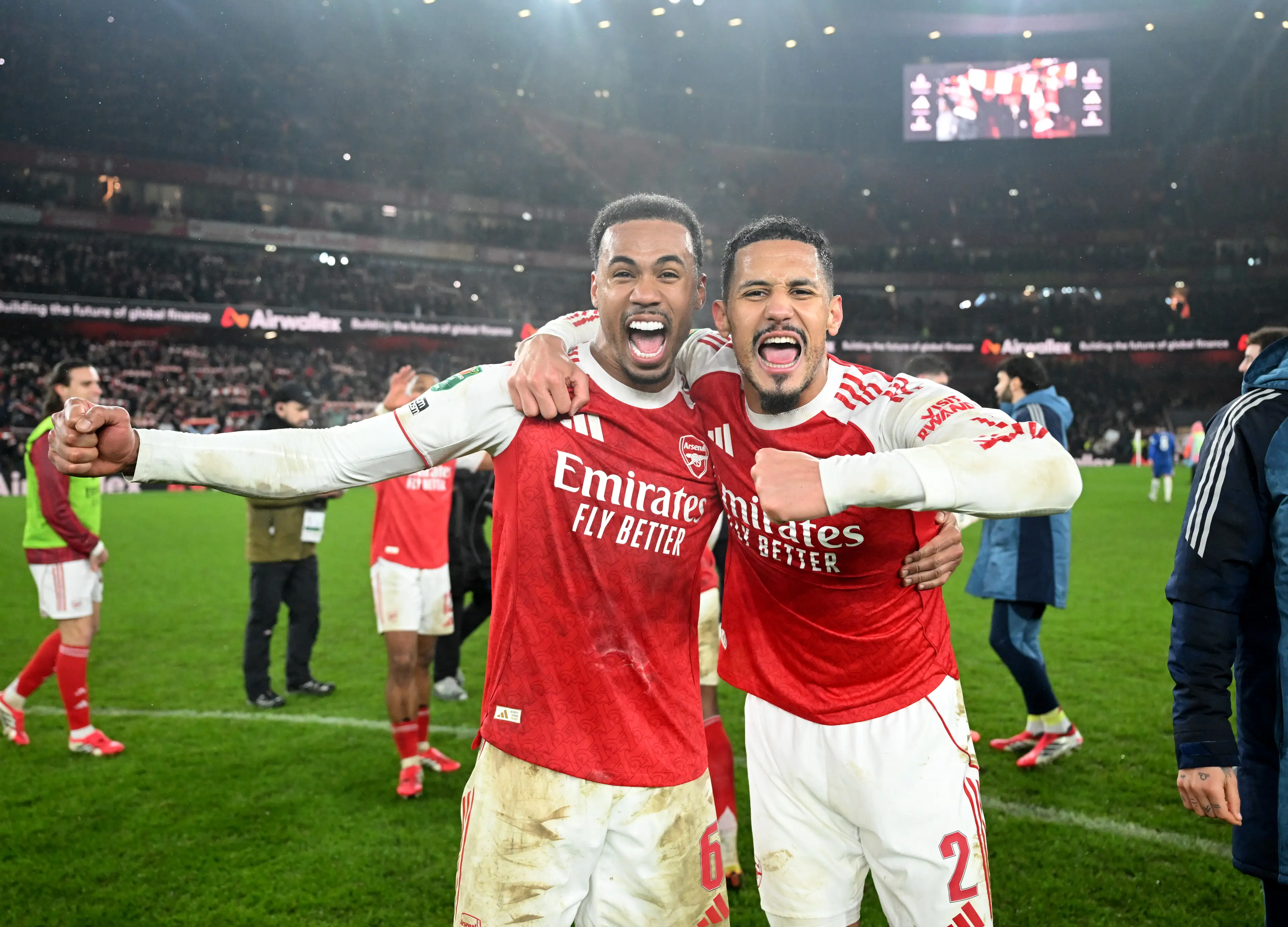 Arsenal defenders William Saliba and Gabriel celebrating Arsenal's win (credit: getty)