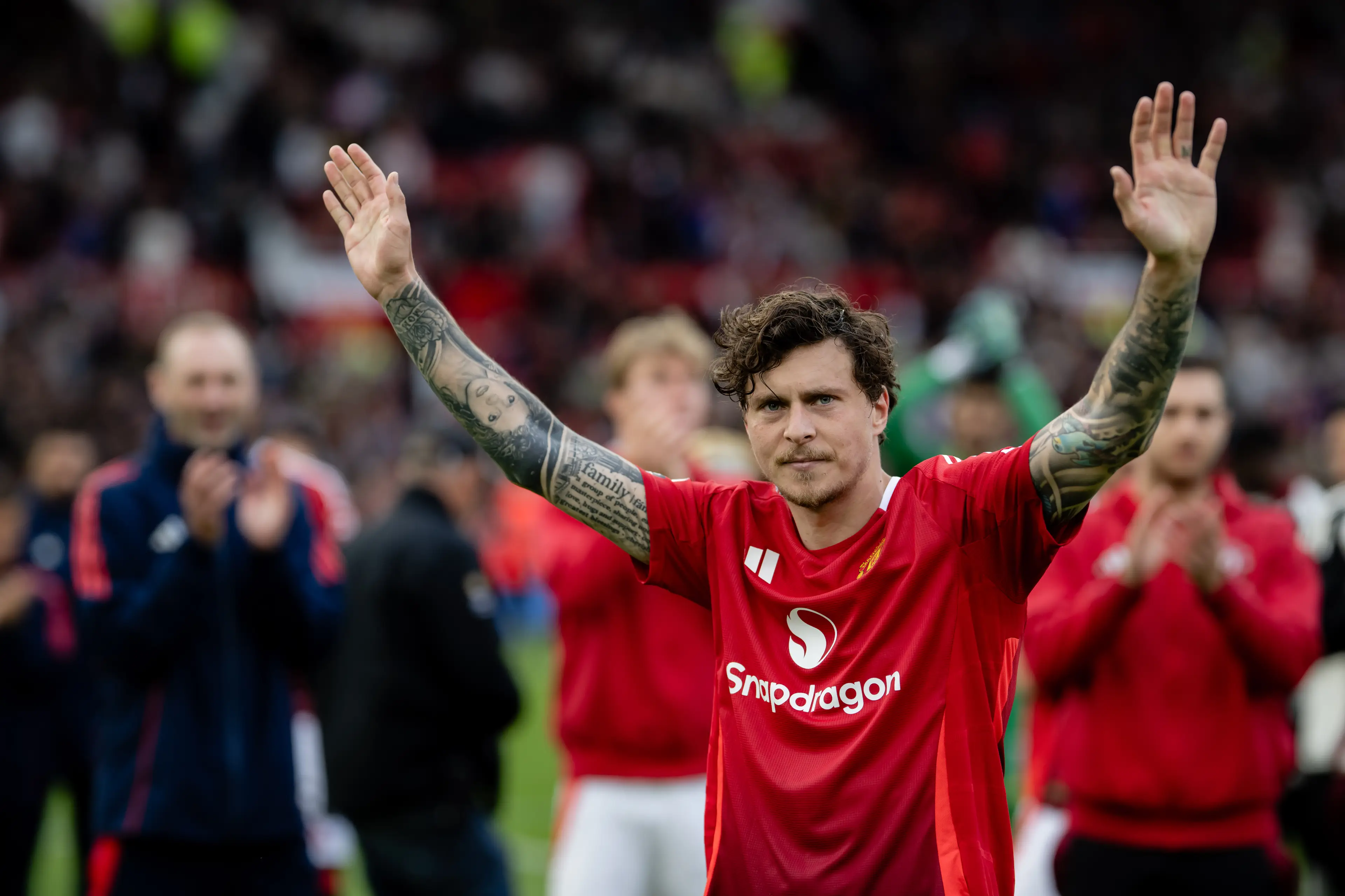Victor Lindelof salutes the fans after Manchester United's final game of the campaign last season. Image: Getty 