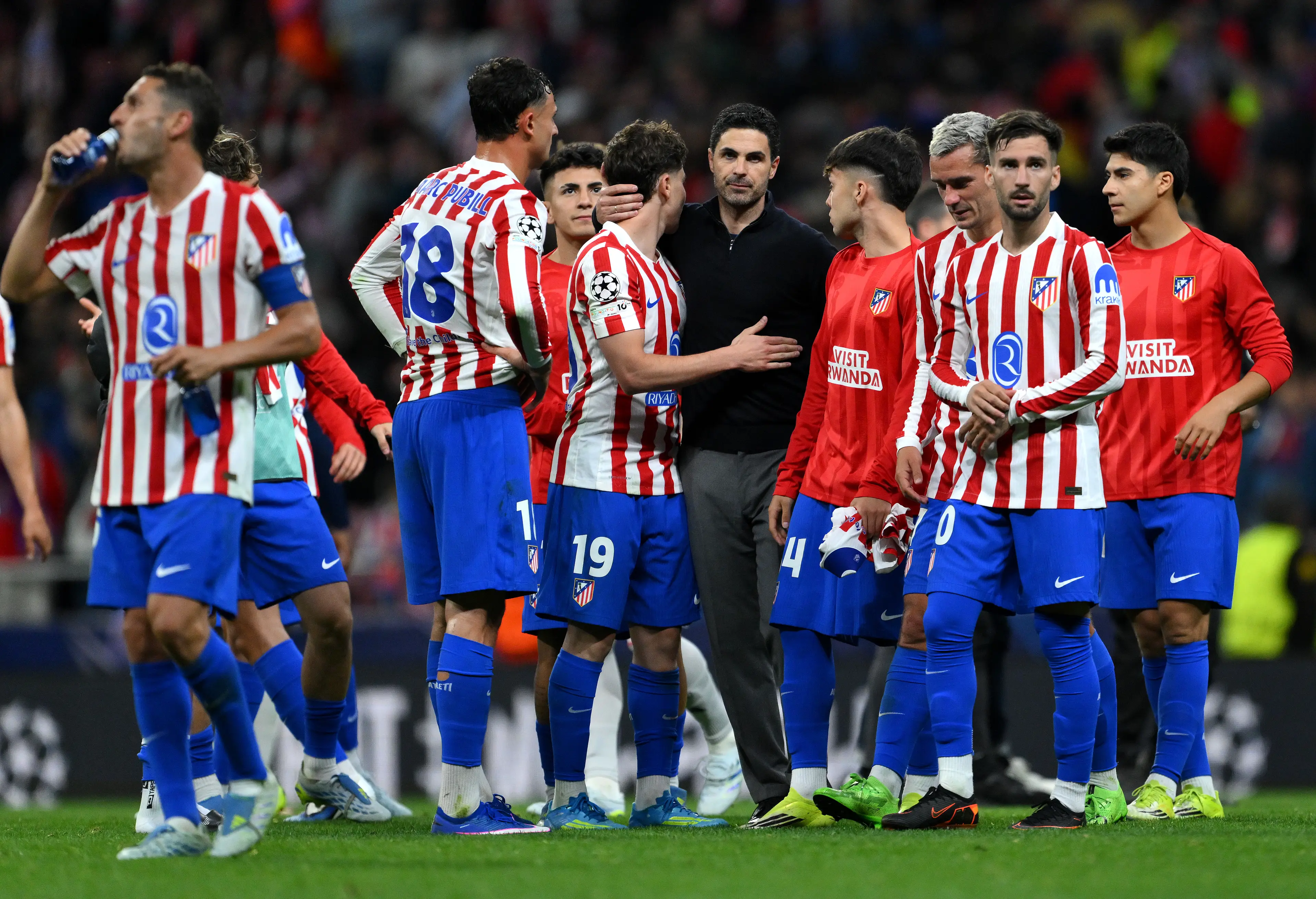 Mikel Arteta, Manager of Arsenal, speaks with Julian Alvarez of Atletico de Madrid after the UEFA Champions League 202526 Semi Final First Leg match between Atletico de Madrid and Arsenal FC at Metropolitano Stadium on April 29, 2026 in Madrid, Spain. Getty Images