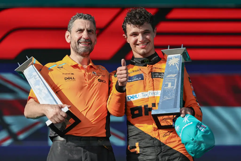 Lando Norris celebrates his first F1 win with McLaren team principal Andrea Stella (