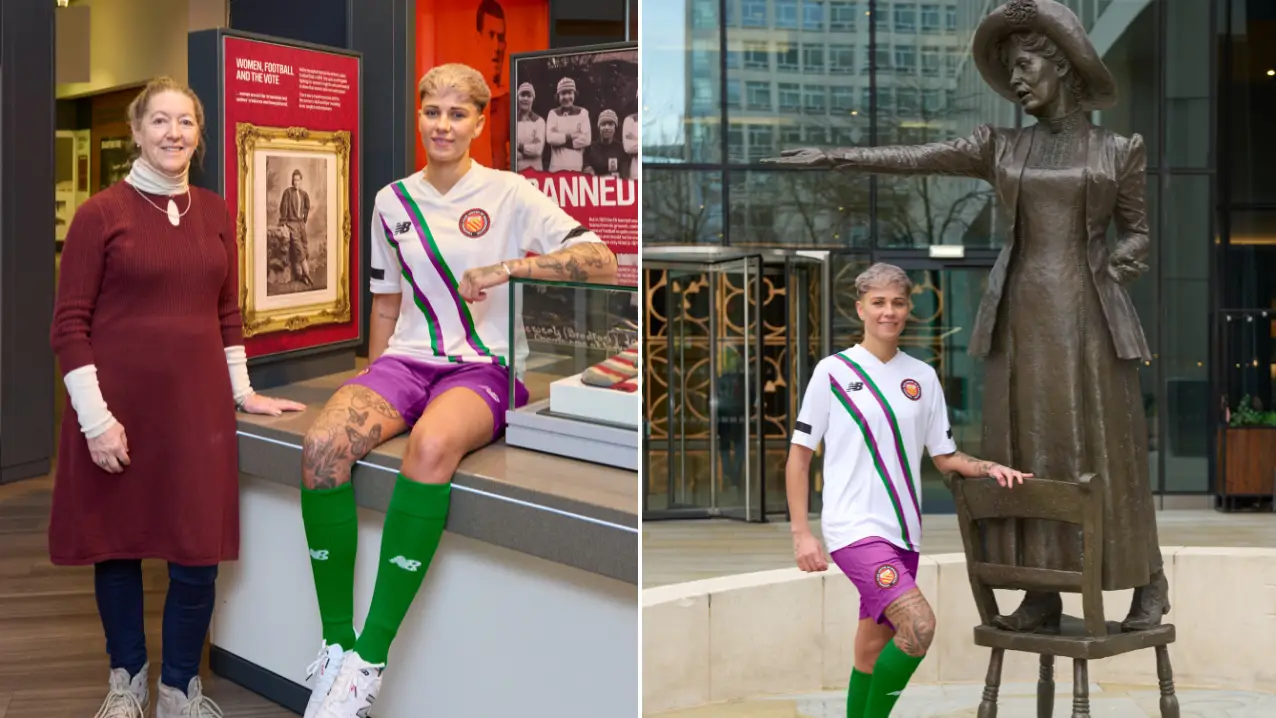 FC United captain Kirsty Chambers at the National Football Museum and pictured with Emile Pankhurst statue