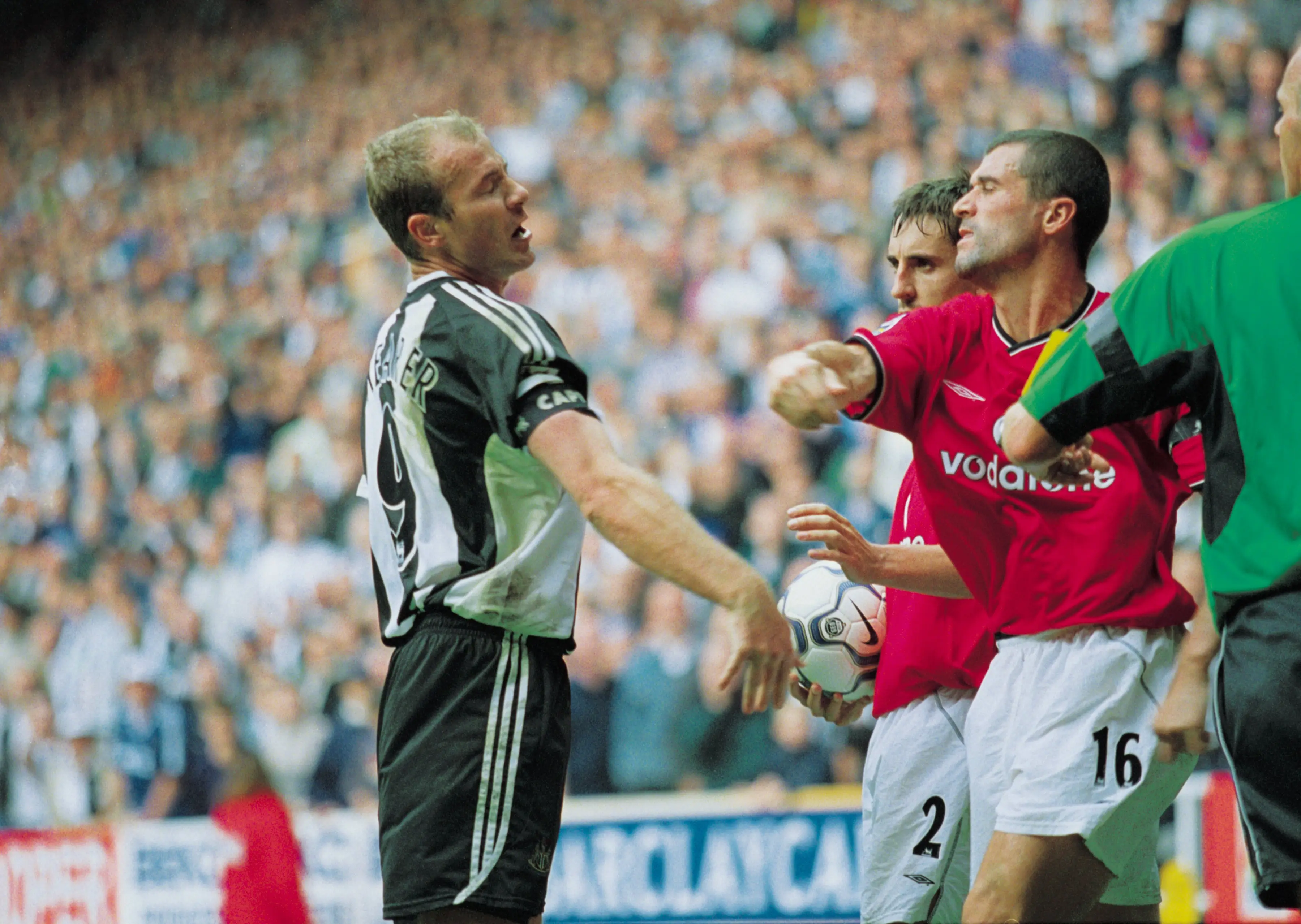 Keane takes a swing at Newcastle captain Alan Shearer. Image credit: Getty