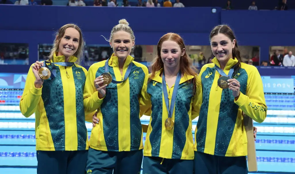 Australia's 4x100m freestyle relay team pictured after winning the gold medal at the Paris 2024 Olympics -