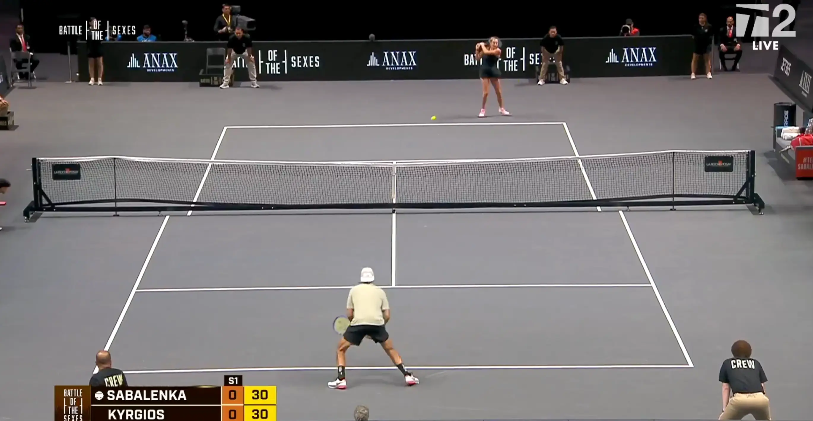 Kyrgios and Sabalenka squared off in a 'Battle of the Sexes' contest. Image: T2 Live