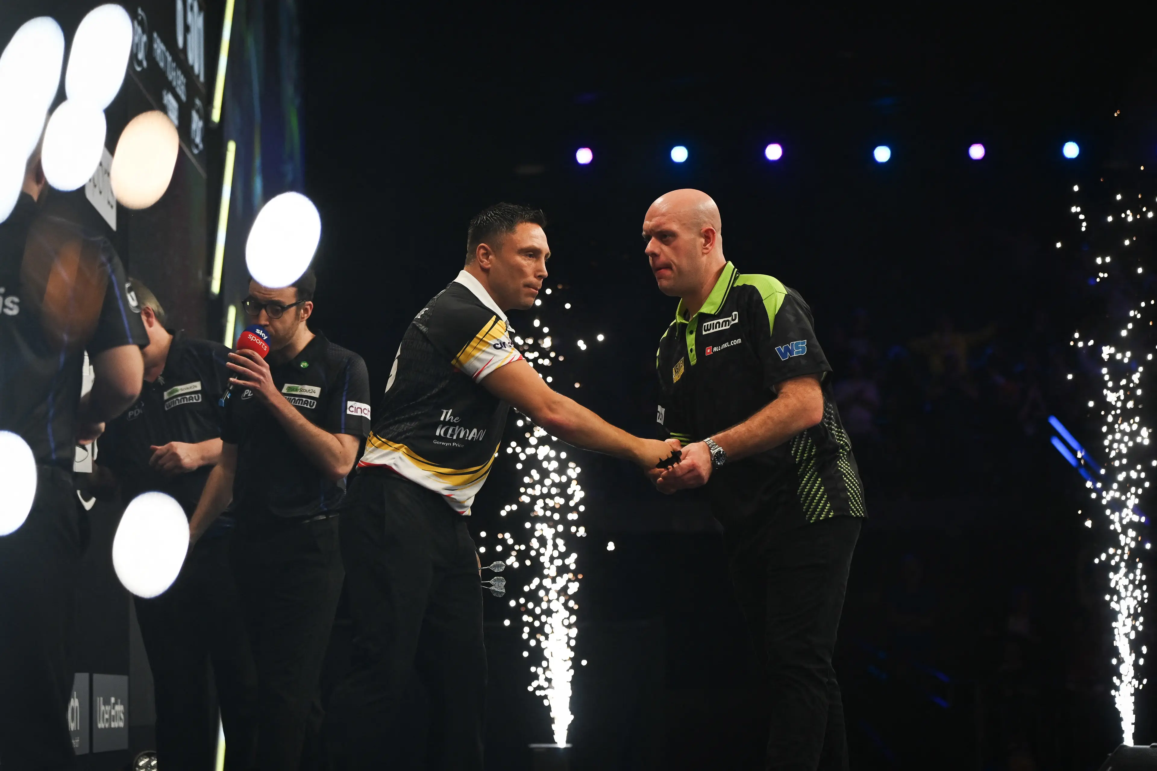 Price and Van Gerwen on Night 2 of the Premier League Darts event in Antwerp on February 12. Image credit: Getty