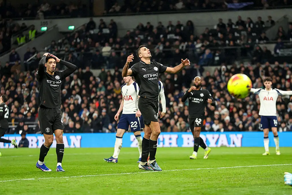 Rodri is frustrated following City's 2-2 draw with Tottenham Hotspur. (Image: Robin Jones/Getty Images)
