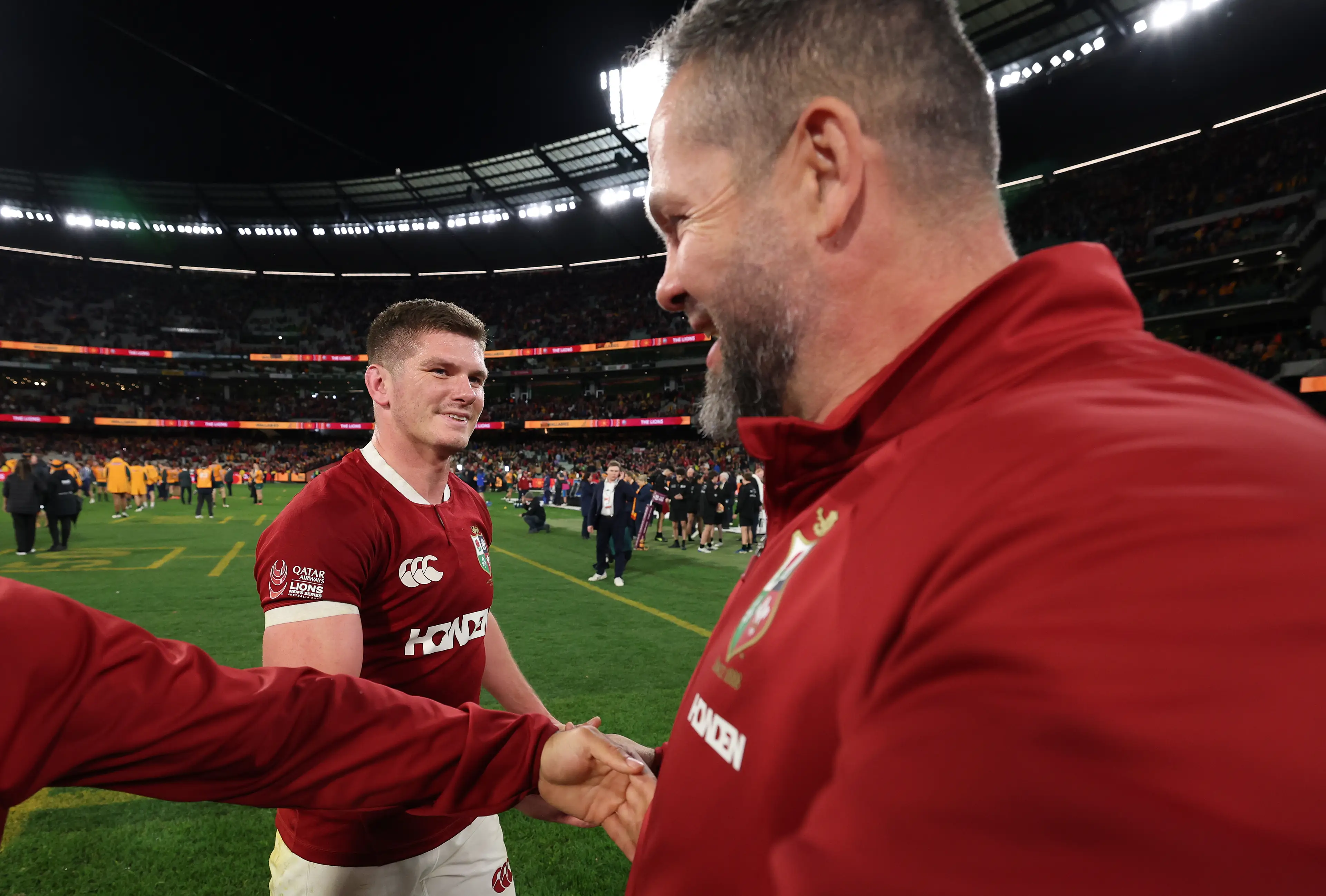 Owen Farrell of the British & Irish Lions looks at Andy Farrell, the British & Irish Lions head coach (Getty Images)