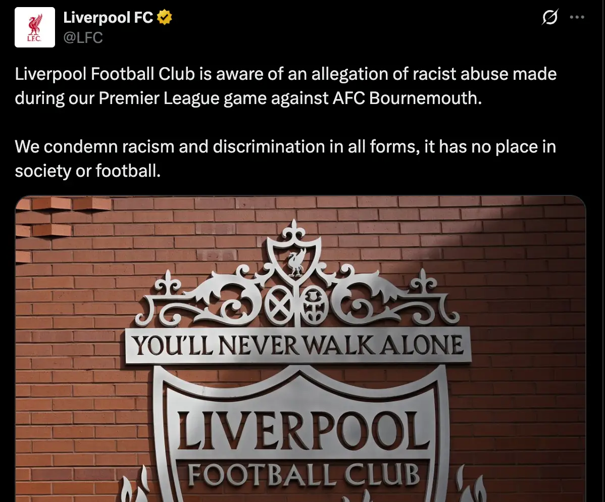 Liverpool posted a statement surrounding the allegations on social media (Image: Twitter)