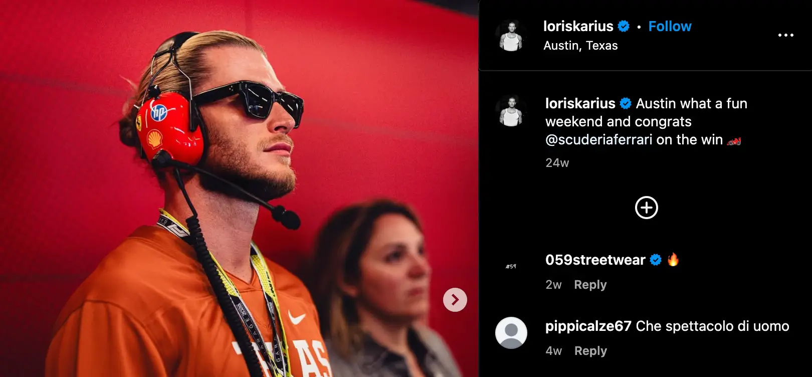 Loris Karius at the United States GP (Image: Instagram/@loriskarius)