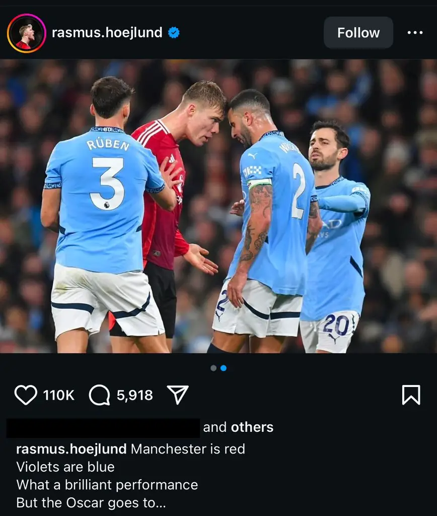 Rasmus Hojlund poked fun at Kyle Walker with a poem on social media. Image: Getty 