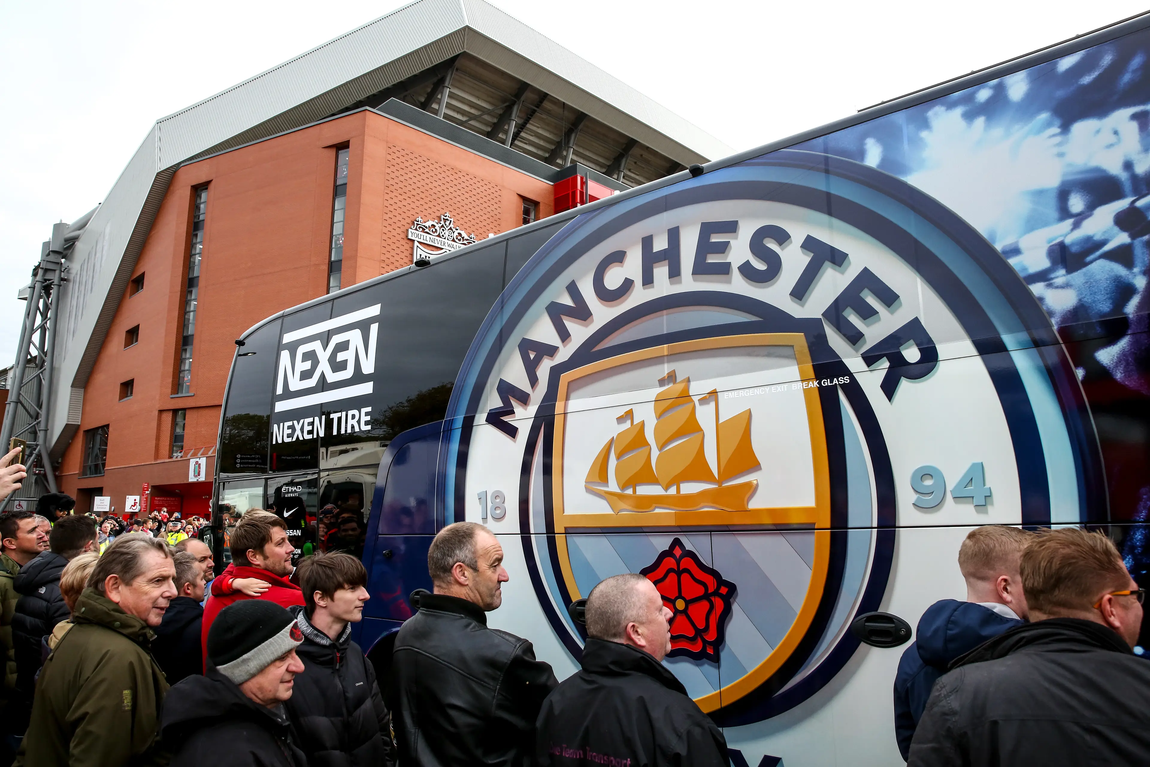 City's team bus arrives at Anfield. Image credit: Getty
