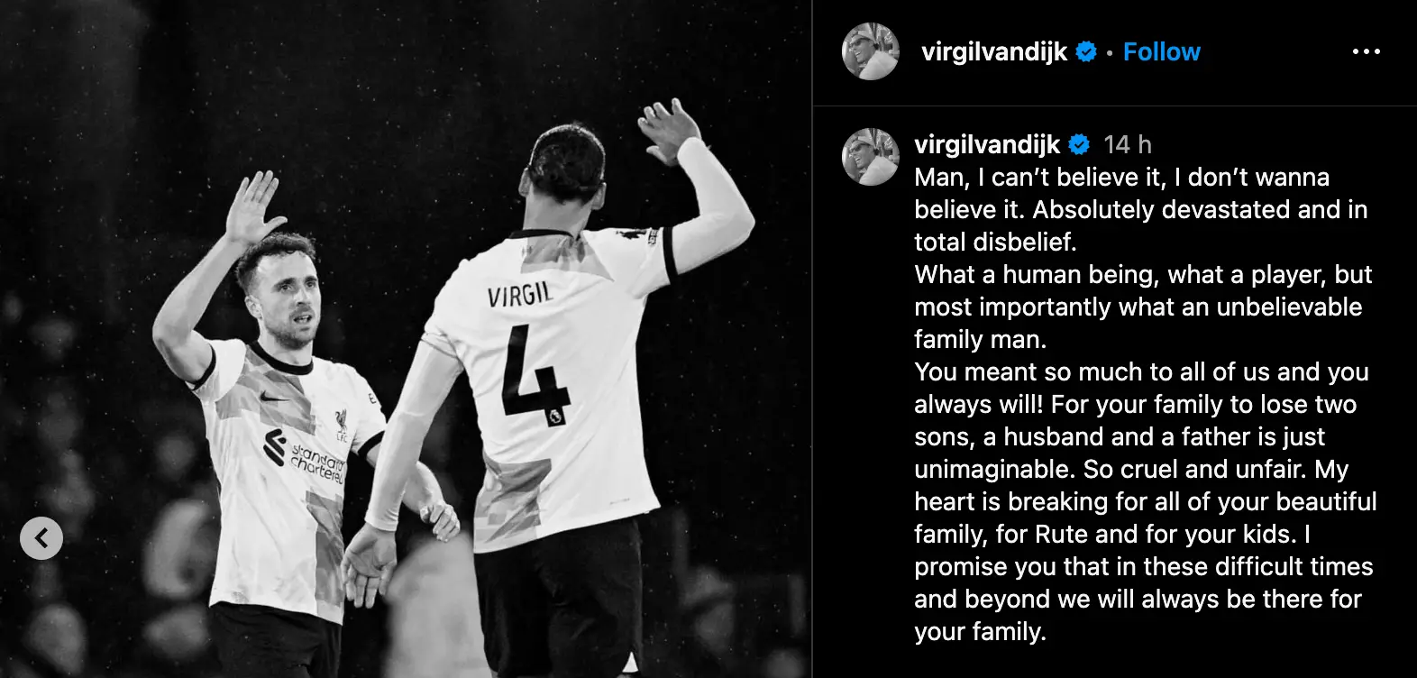 Virgil van Dijk was among the Liverpool players to pay tribute to Jota (Image: Instagram/Virgil van Dijk)