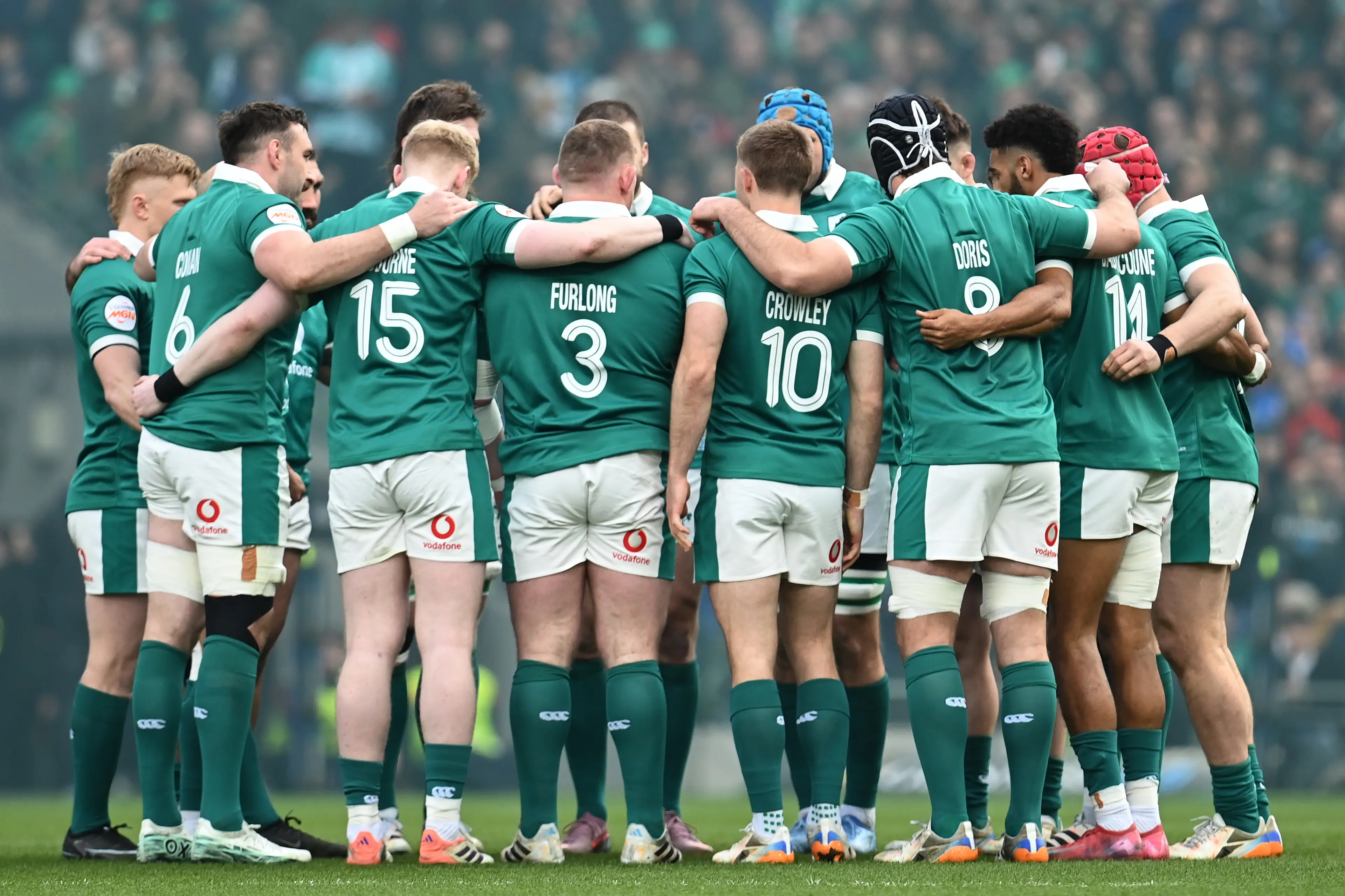 Players of Ireland huddle prior to the Guinness Six Nations 2026 match between Ireland and Scotland at Aviva Stadium (Getty Images_
