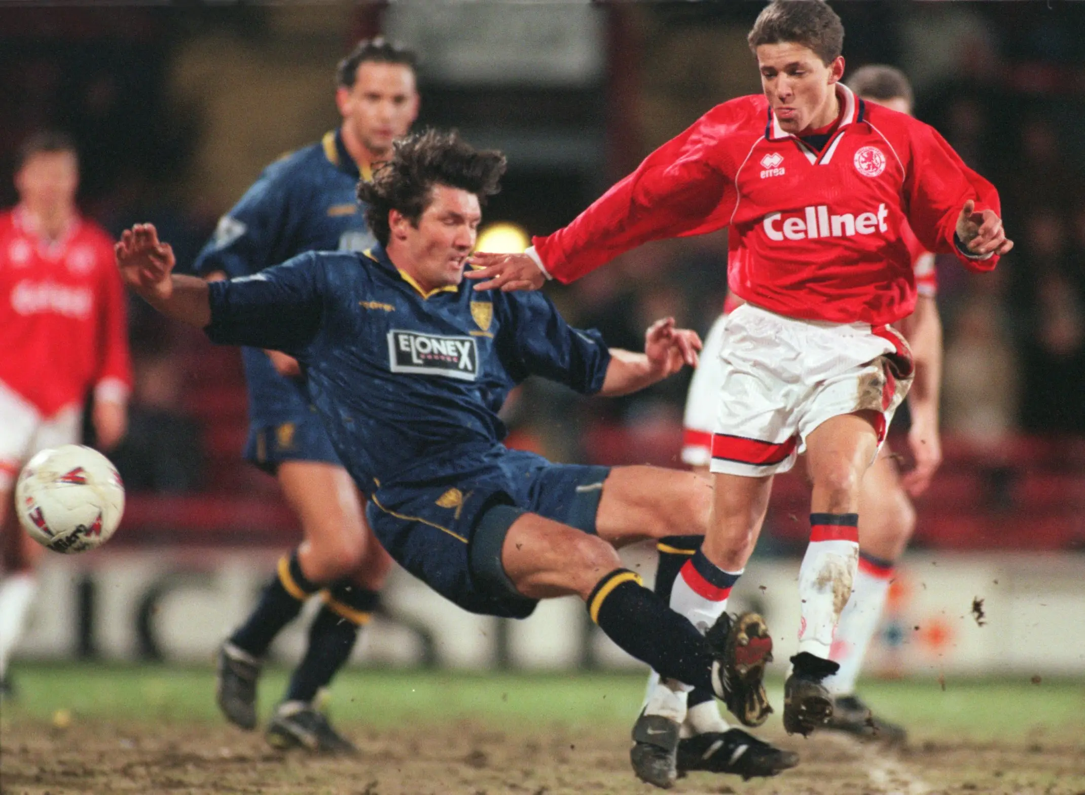 Harford welcomes Juninho to England's top flight with a crunching tackle. Image credit: Getty