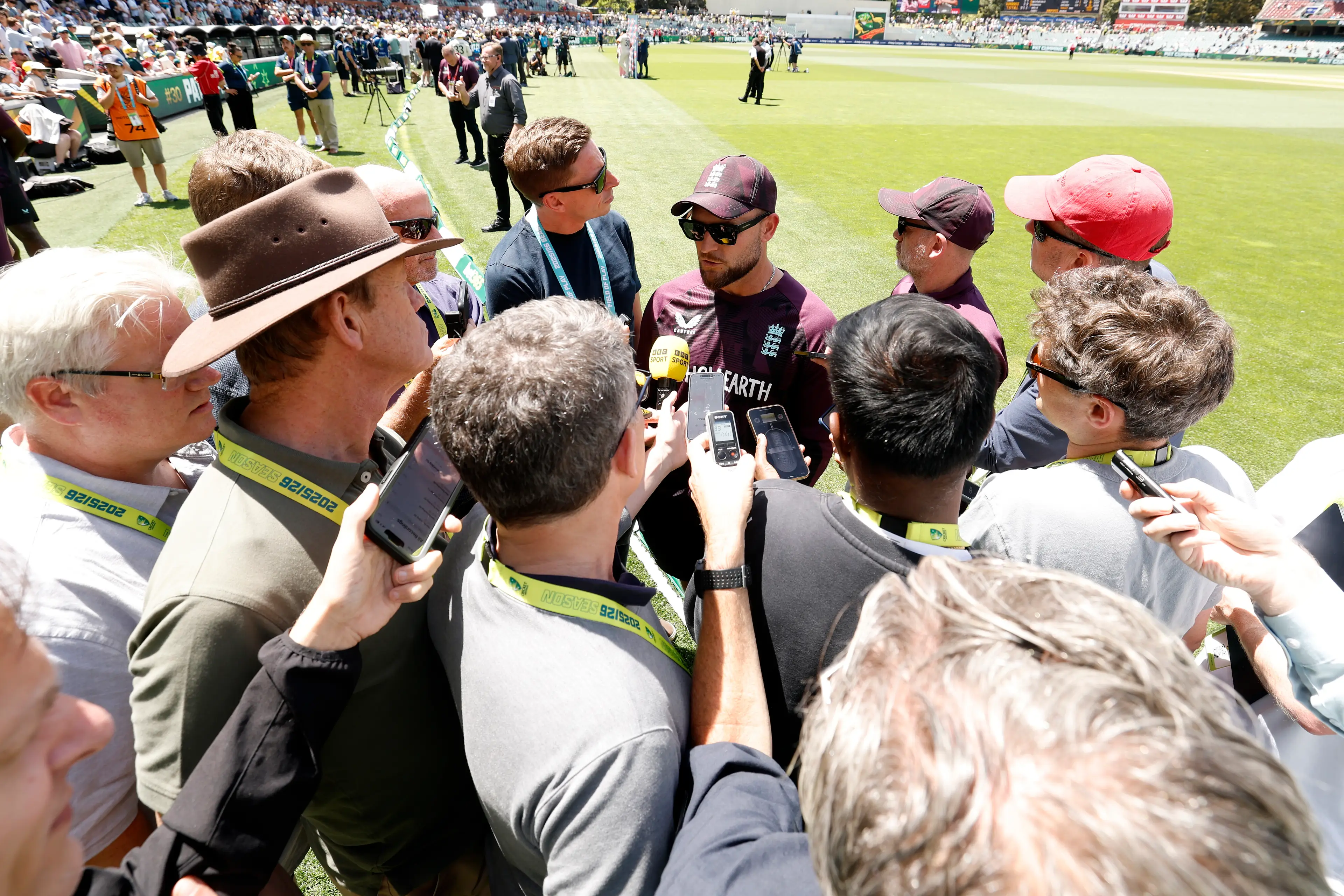 Brendon McCullum speaks to the media after England's defeat to Australia in the third Test. Image: Getty 