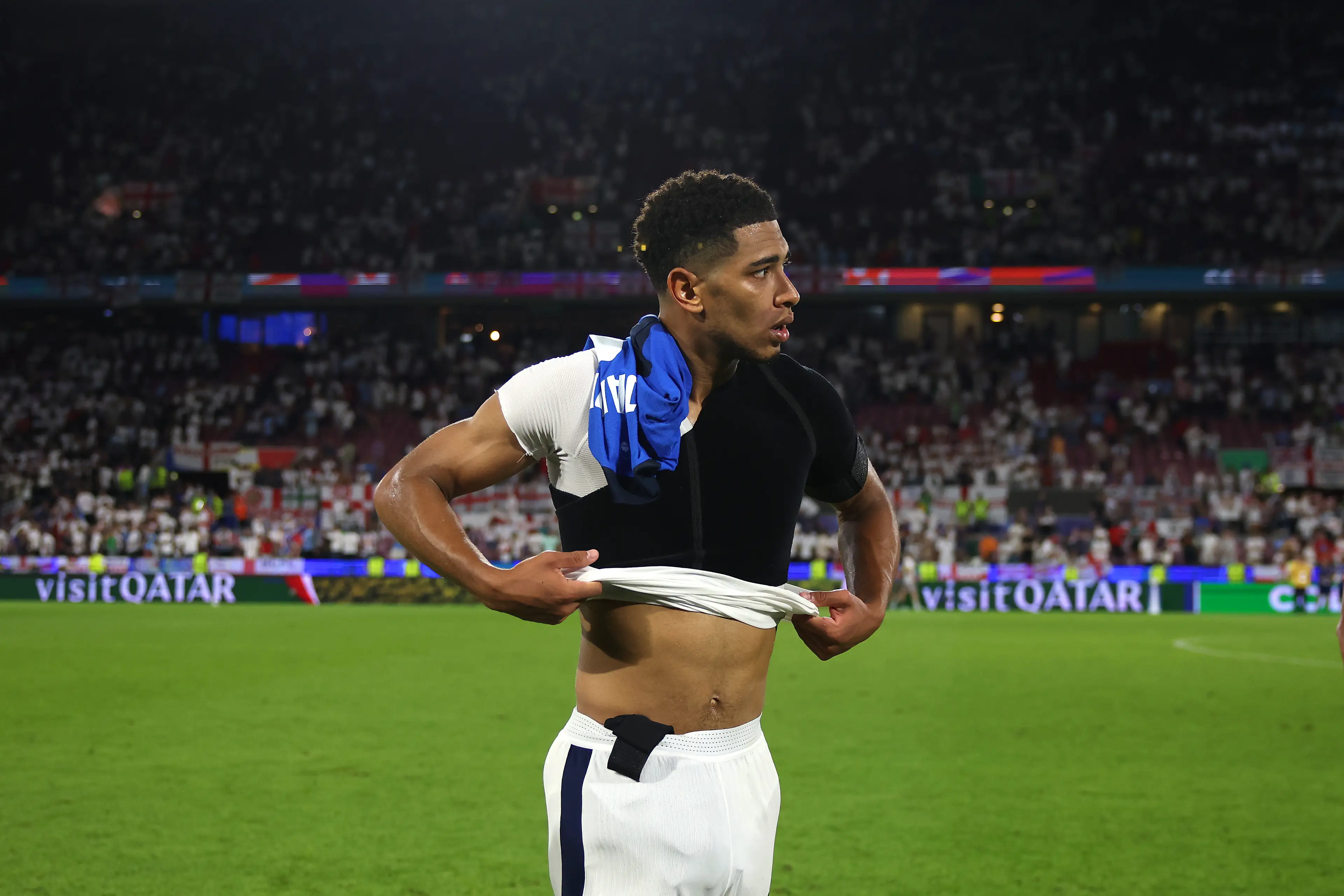 Jude Bellingham has played with strapping on his shoulder since sustaining an injury. Image: Getty