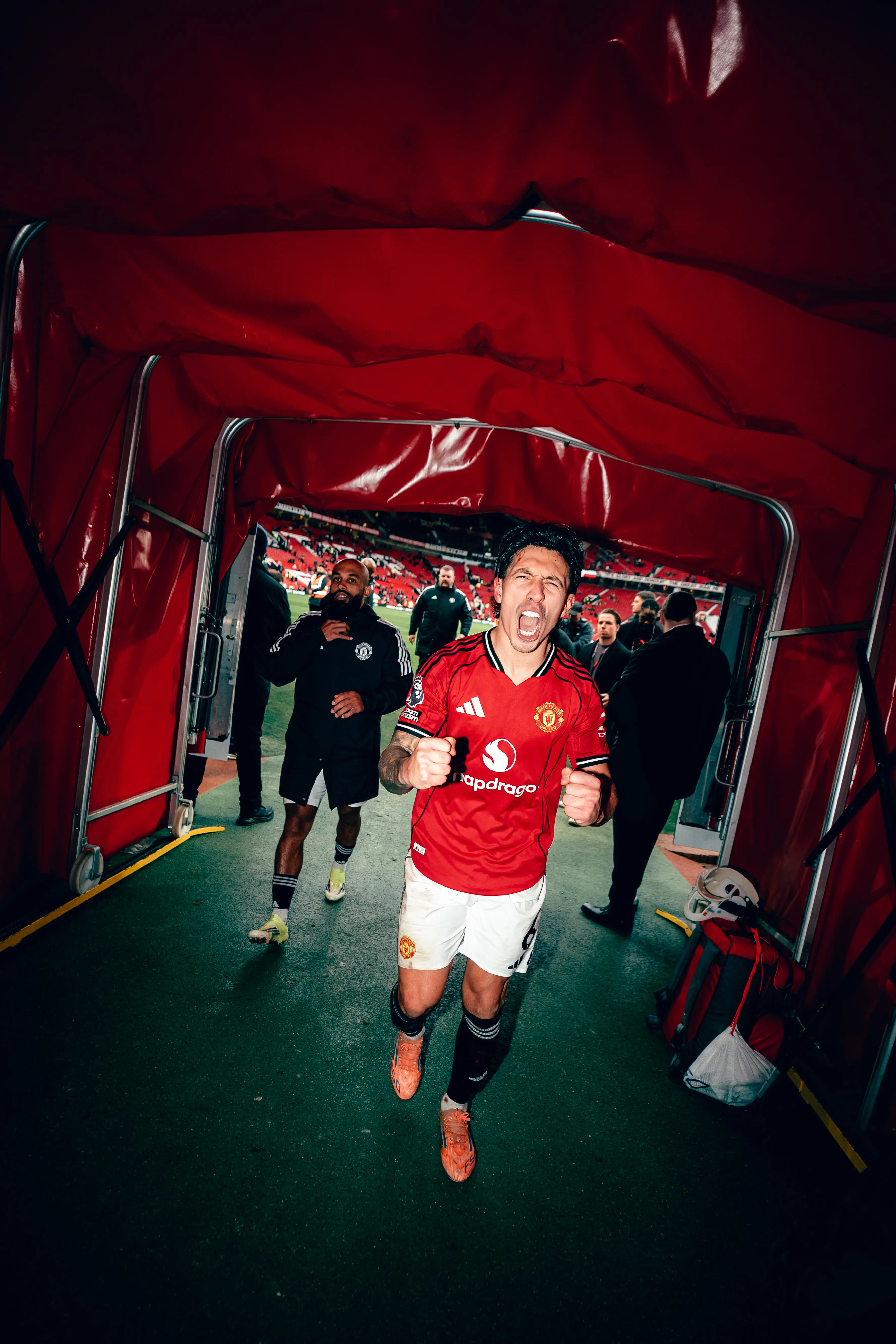 Lisandro Martinez celebrates after the Manchester derby. Image credit: Getty