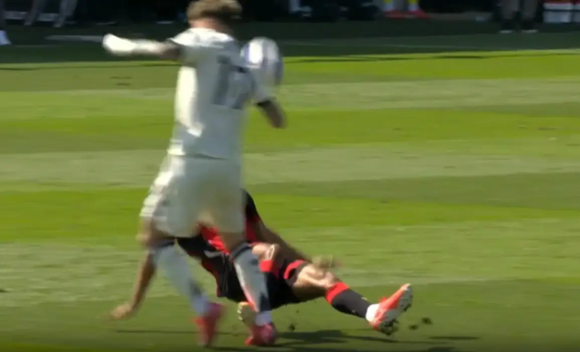 Tyler Adams was booked for his challenge on Alejandro Garnacho following a VAR review. Image: Premier League