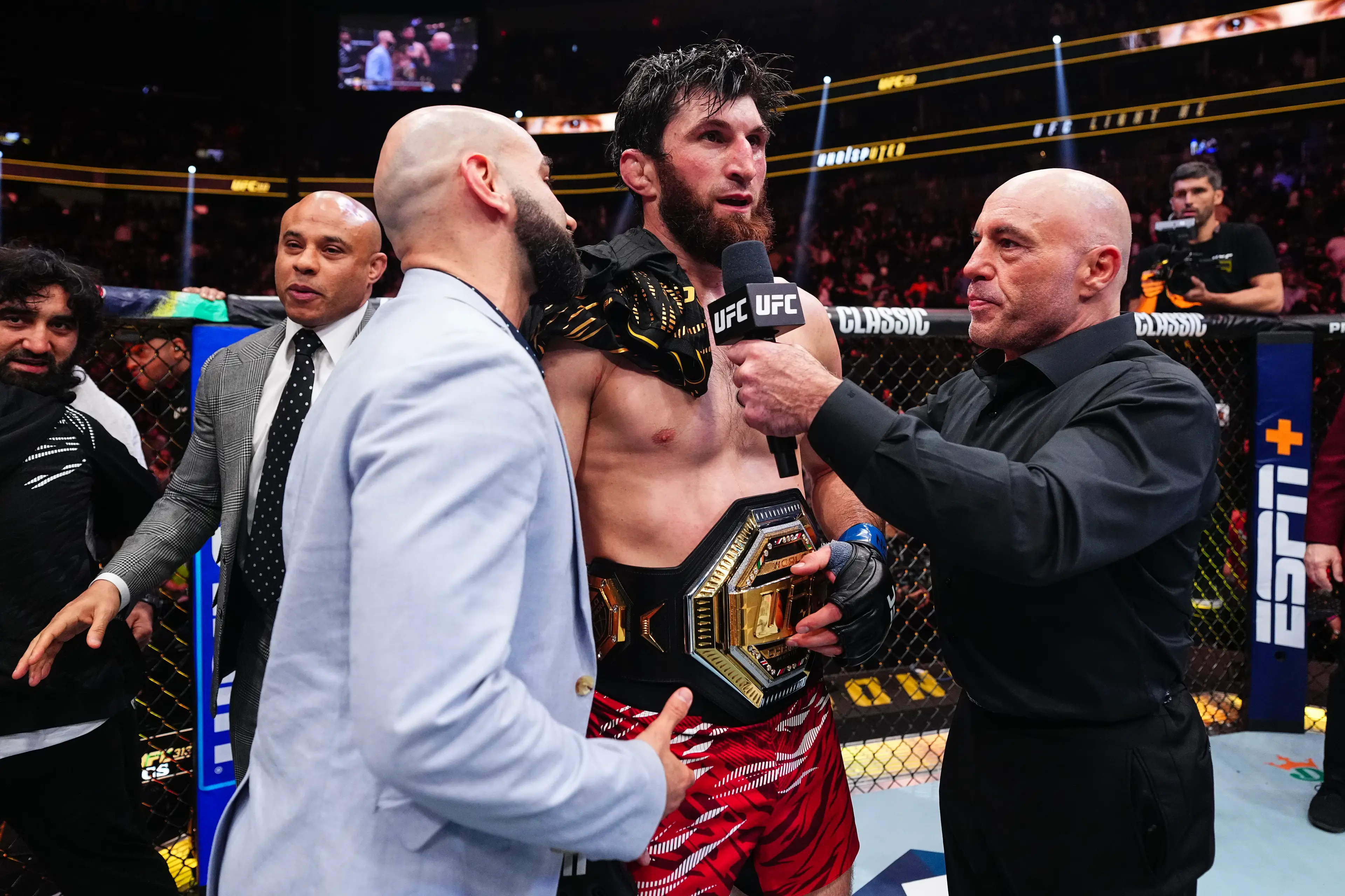 Magomed Ankalaev used a translator at UFC 313 during his post-fight interview. Image: Getty