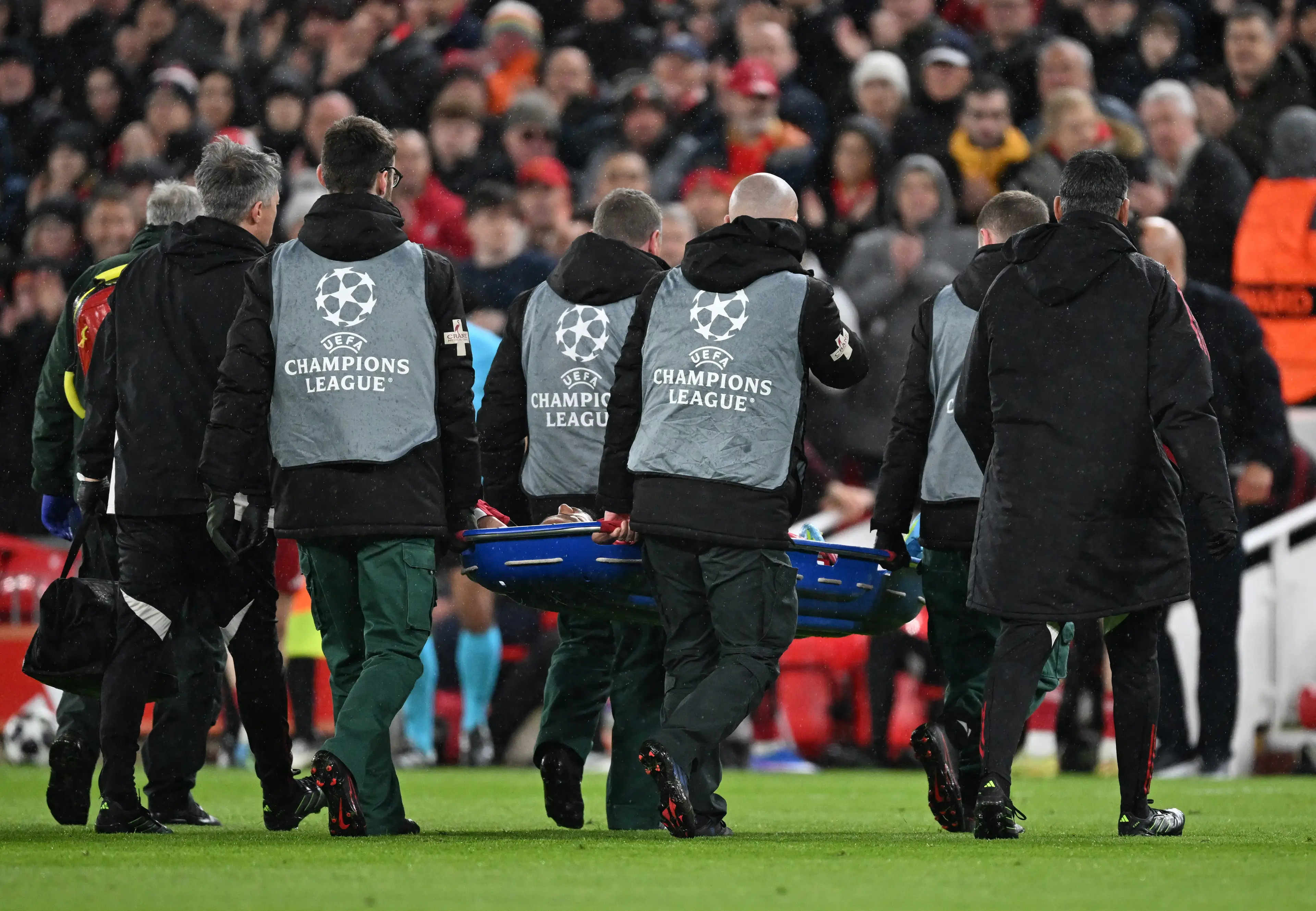 Ekitike was stretchered off vs PSG (Image: Getty)