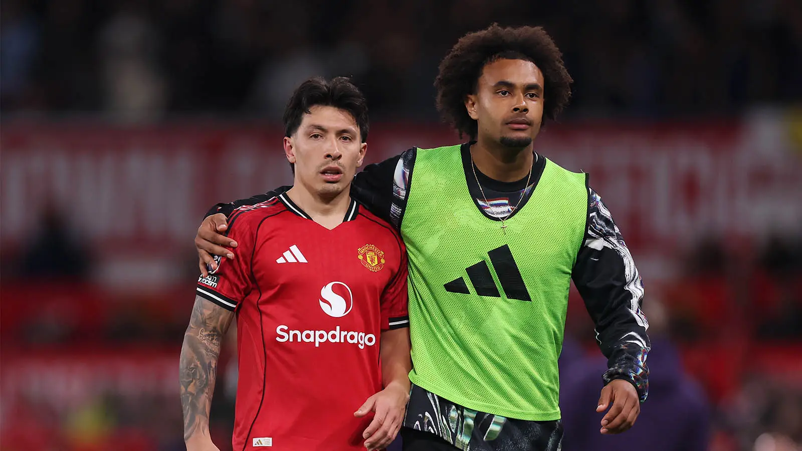 Lisandro Martinez (left) could leave Man Utd this summer (Image: Getty)
