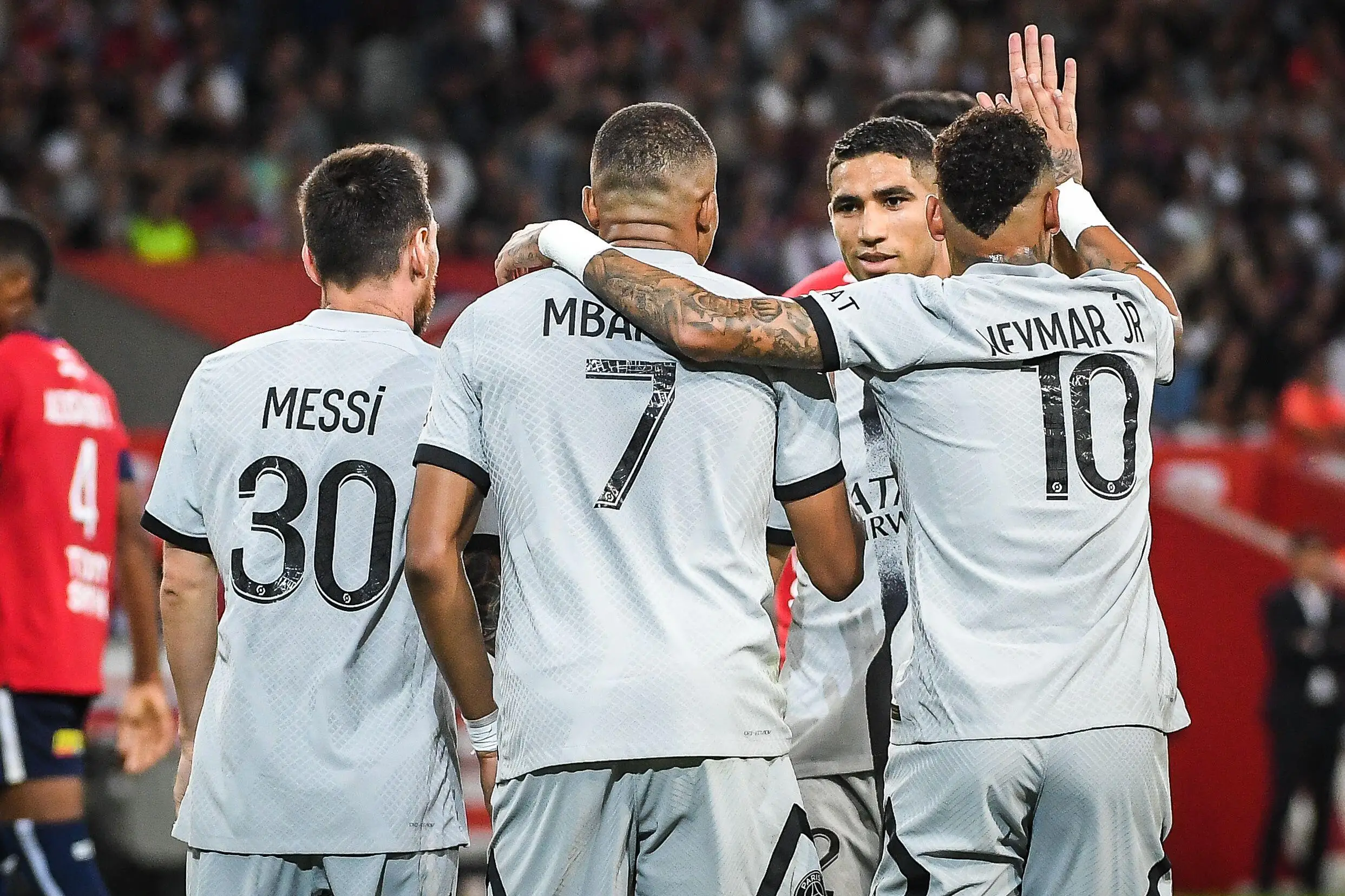 Mbappe, Neymar and Messi celebrate with Hakimi. (Image