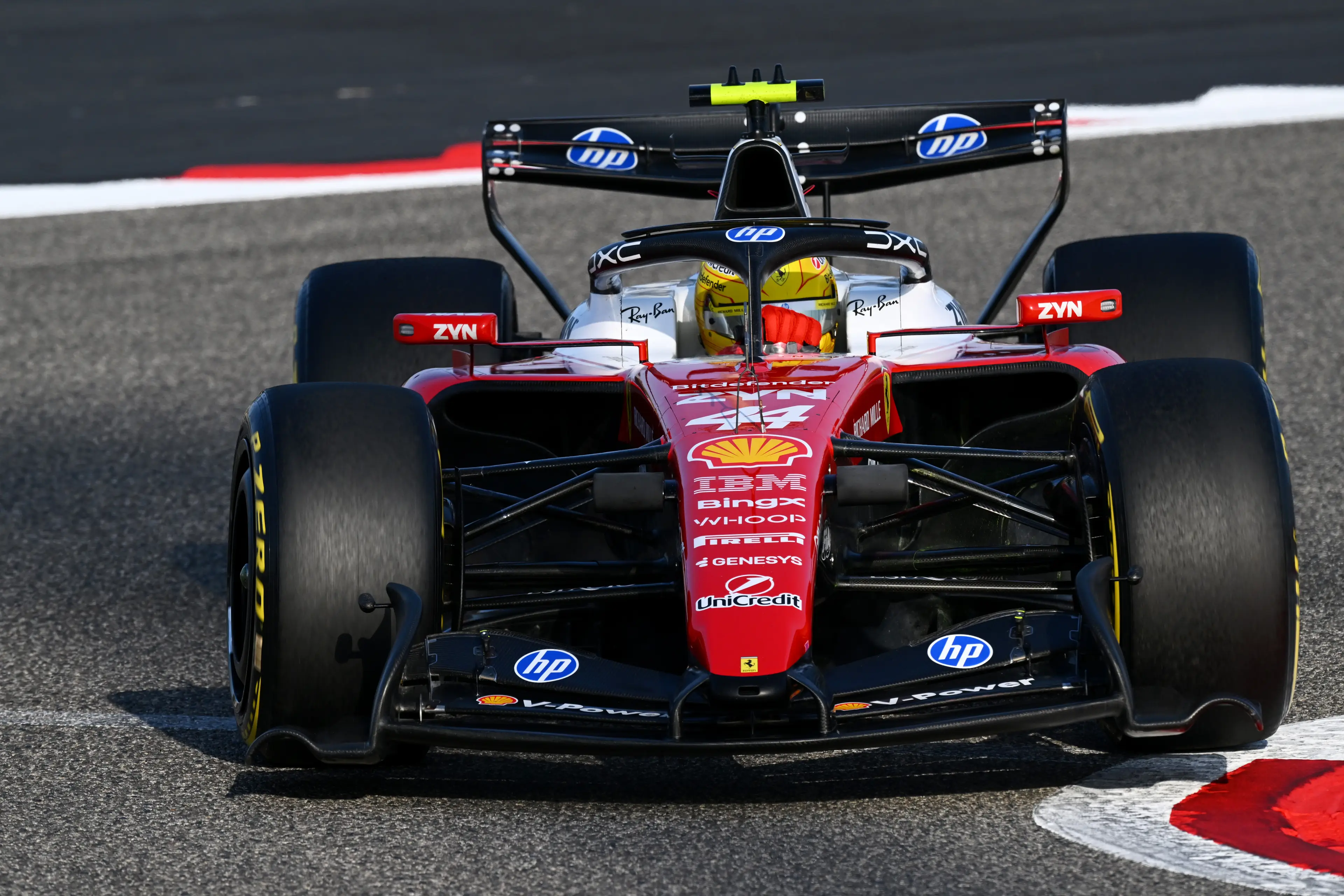 Lewis Hamilton on track in Bahrain. Image: Getty