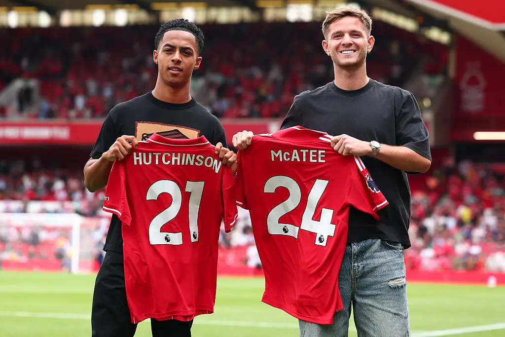 Hutchinson was unveiled at the City Ground along with James McAtee before Forest's fixture against Brentford (Image: Getty)