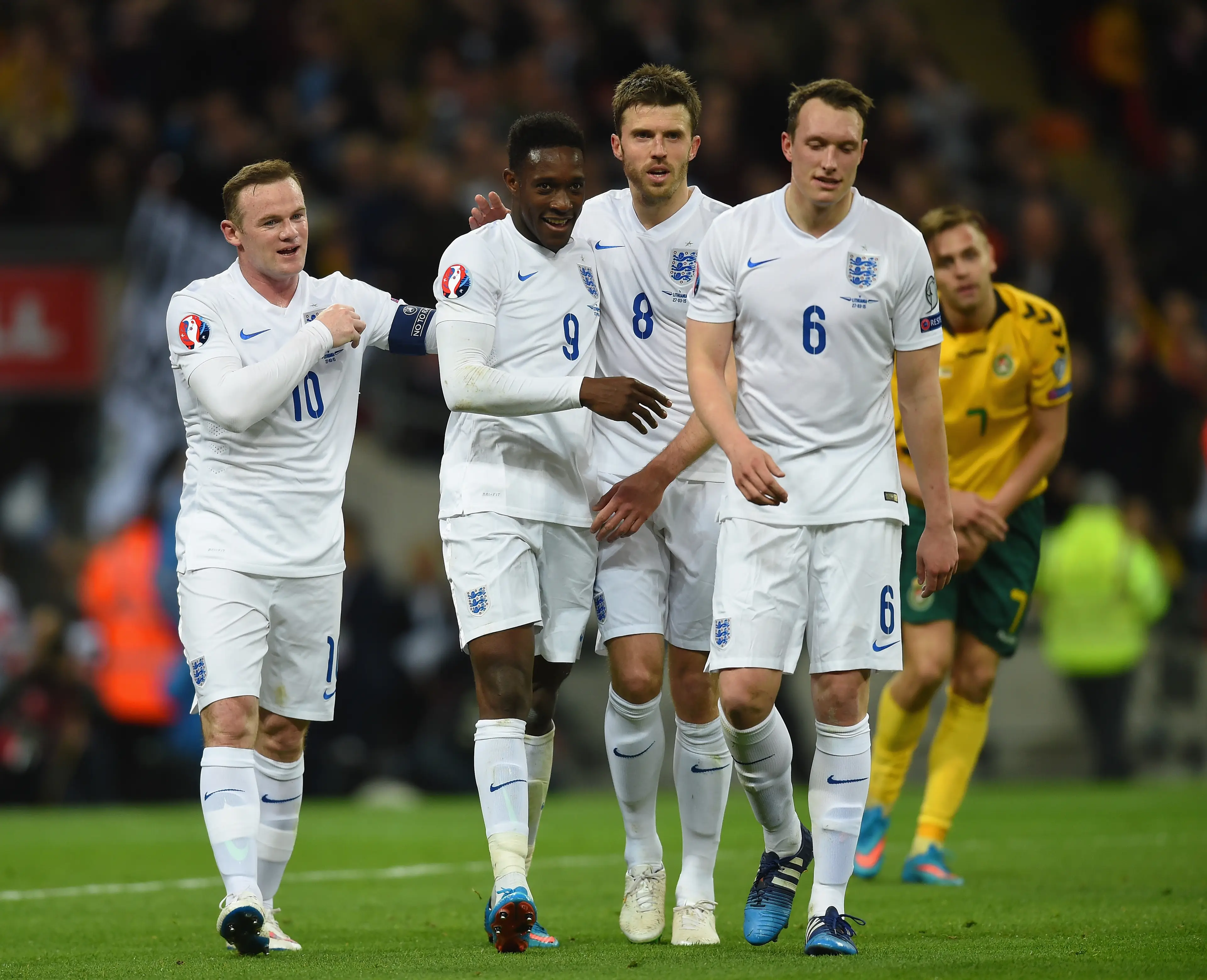 Michael Carrick celebrates with goalscorer Danny Welbeck. Image credit: Getty