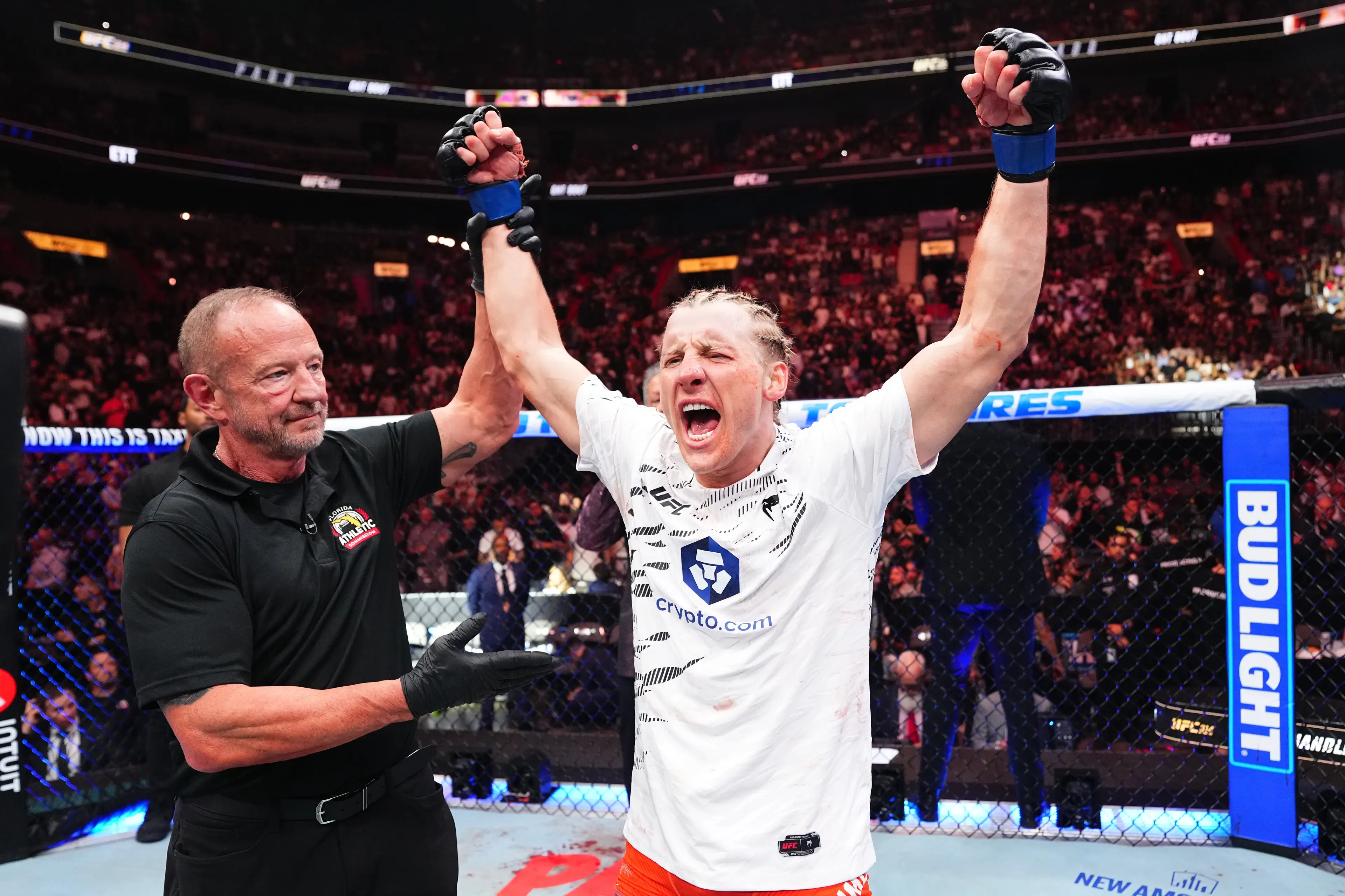 Paddy Pimblett celebrates after beating Michael Chandler. Image: Getty 