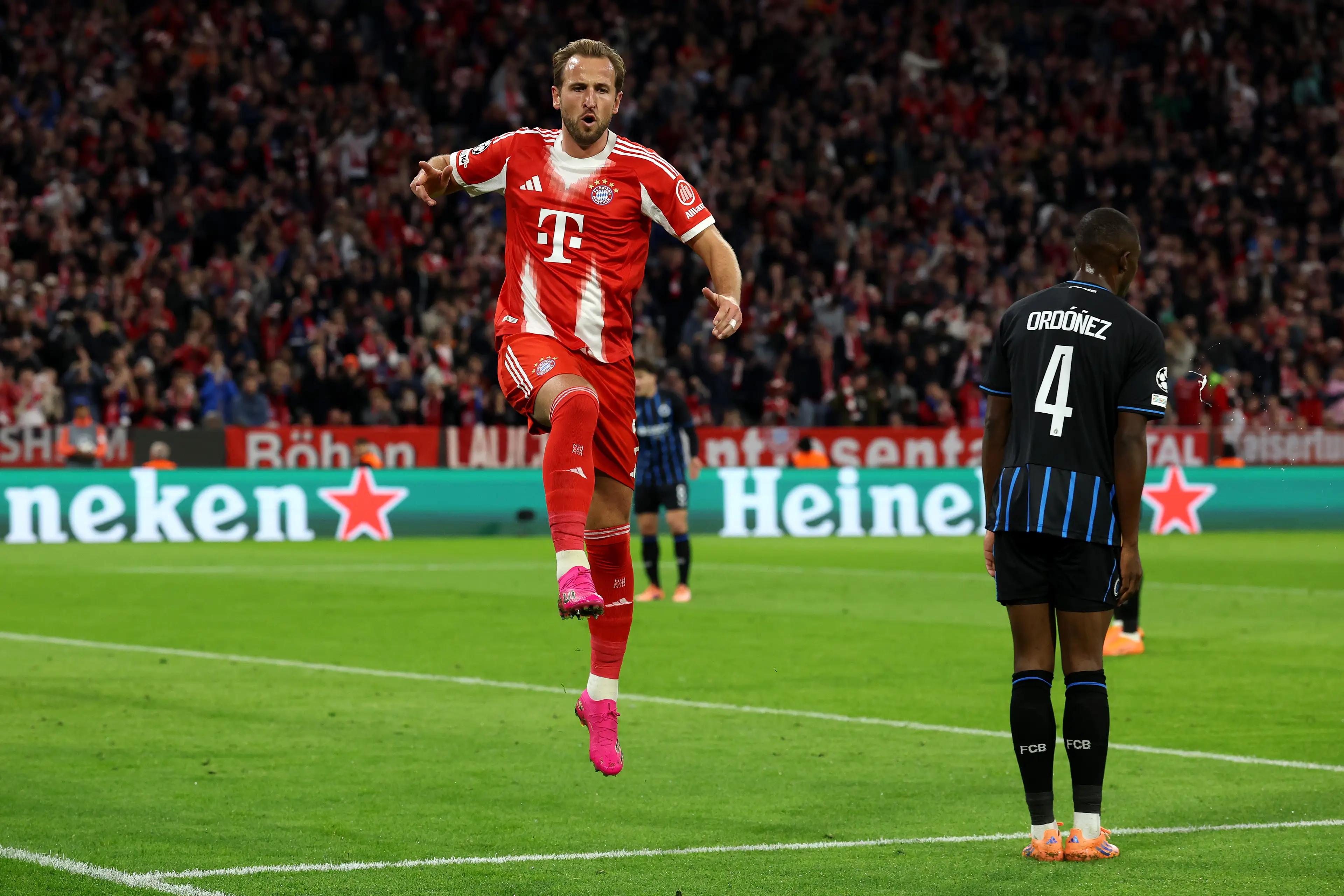 Harry Kane celebrates scoring against Club Brugge. Image: Getty 