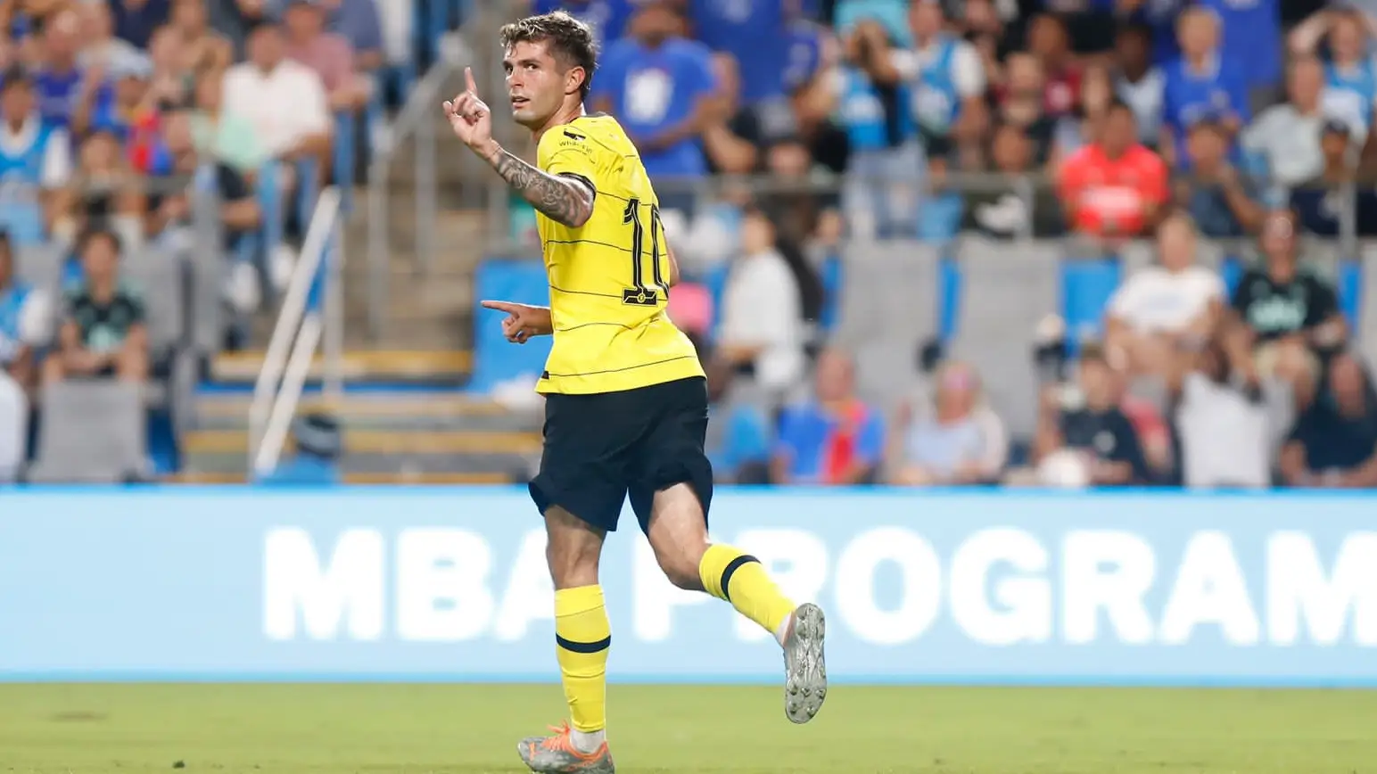Christian Pulisic celebrates scoring for Chelsea vs Charlotte FC. (FC Series)
