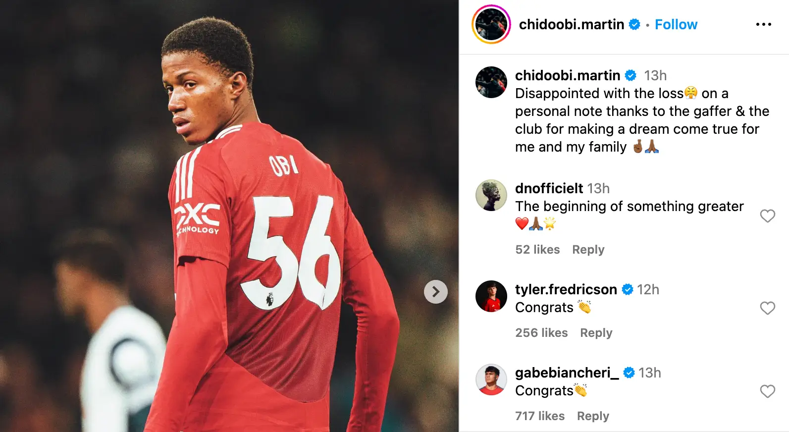 Chido Obi took to Instagram after making his Manchester United debut. Image: Getty