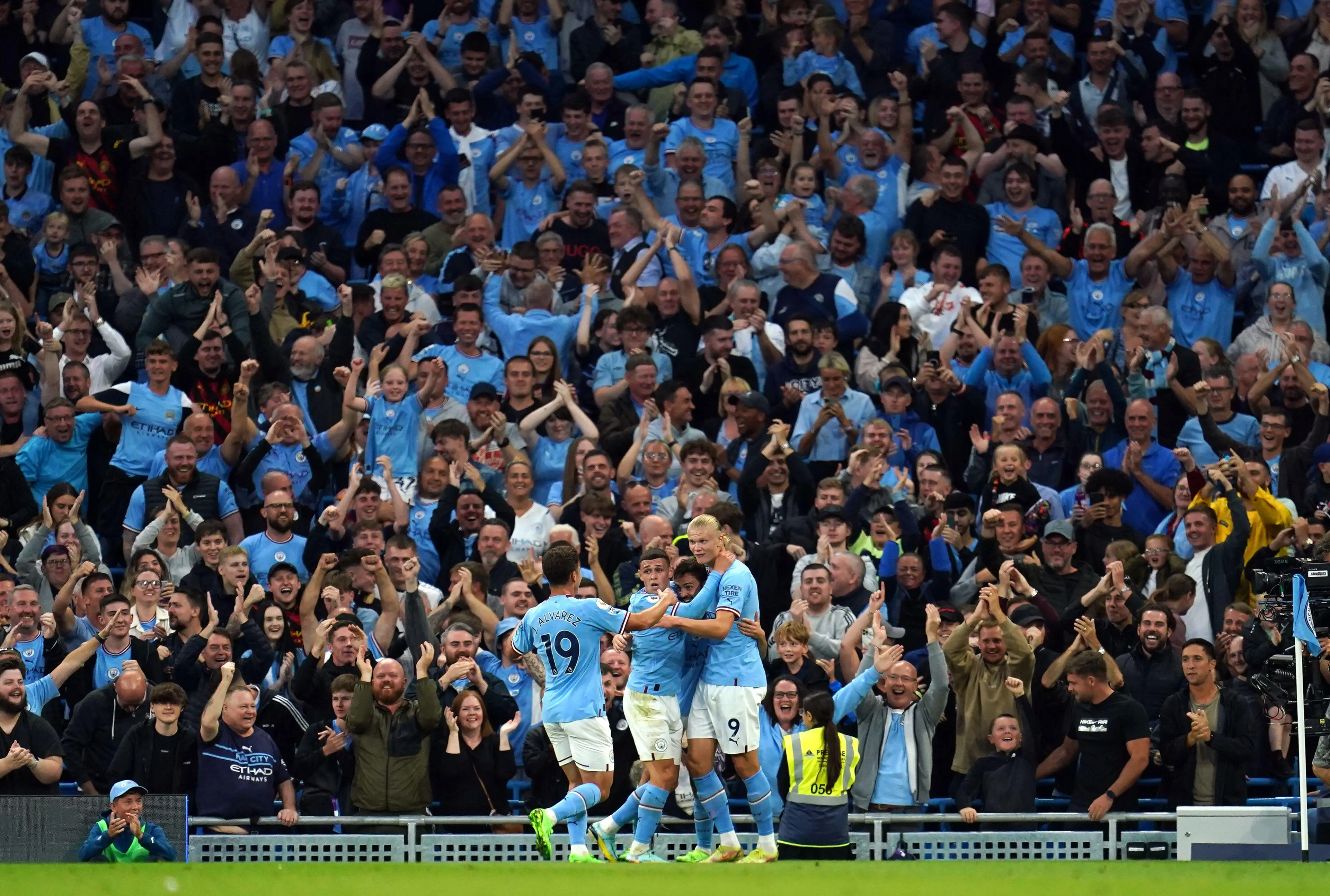 Manchester City celebrate against Nottingham Forest.