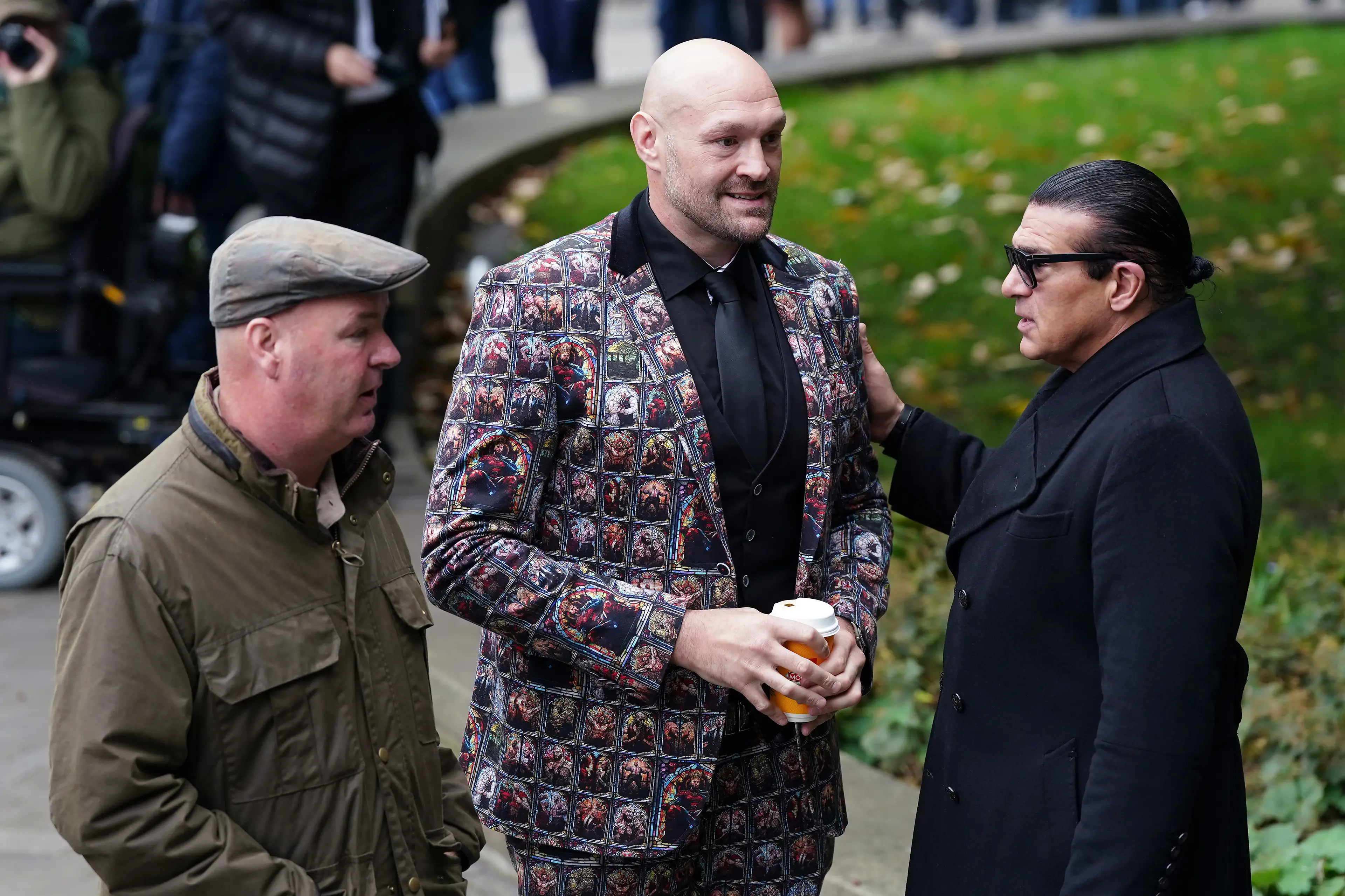 Tyson Fury wore a suit with images of himself on it. Image: Getty 