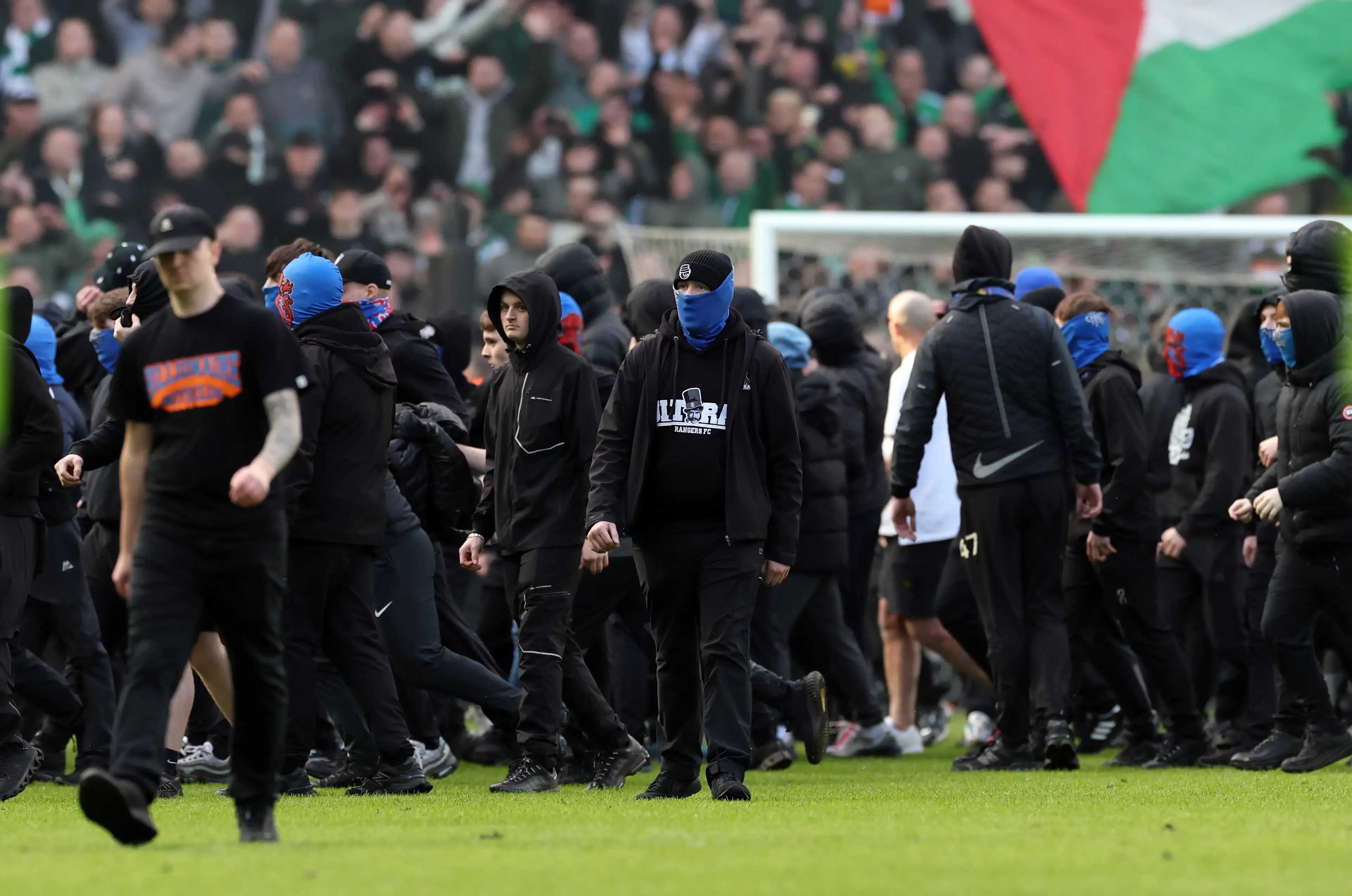 Rangers fans stormed the pitch after their defeat to Celtic. Image: Getty 