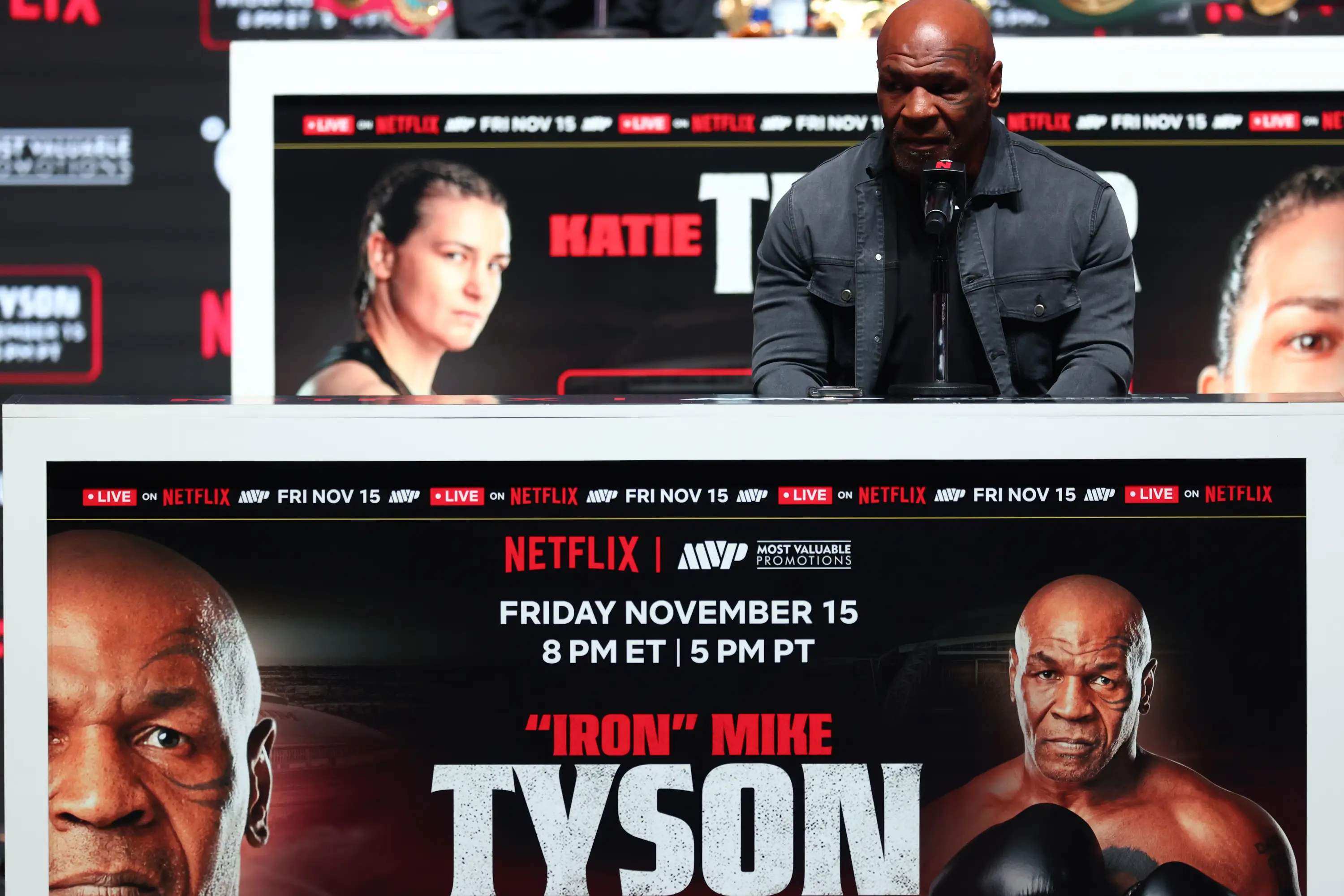 Mike Tyson at the pre-fight press conference. Image: Getty 