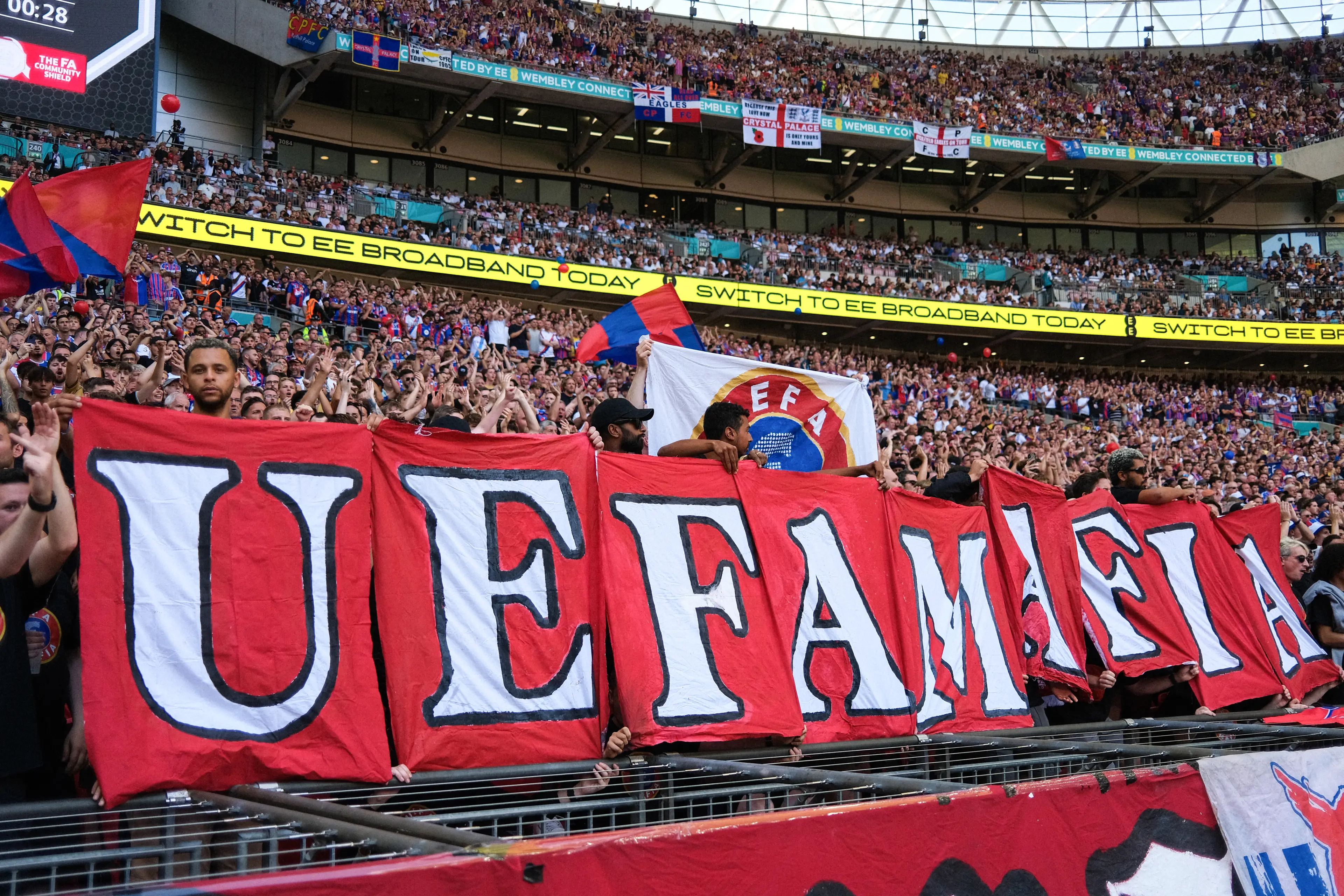 The 'UEFA MAFIA' banner was also on display at Wembley Stadium for the Community Shield. Image: Getty 