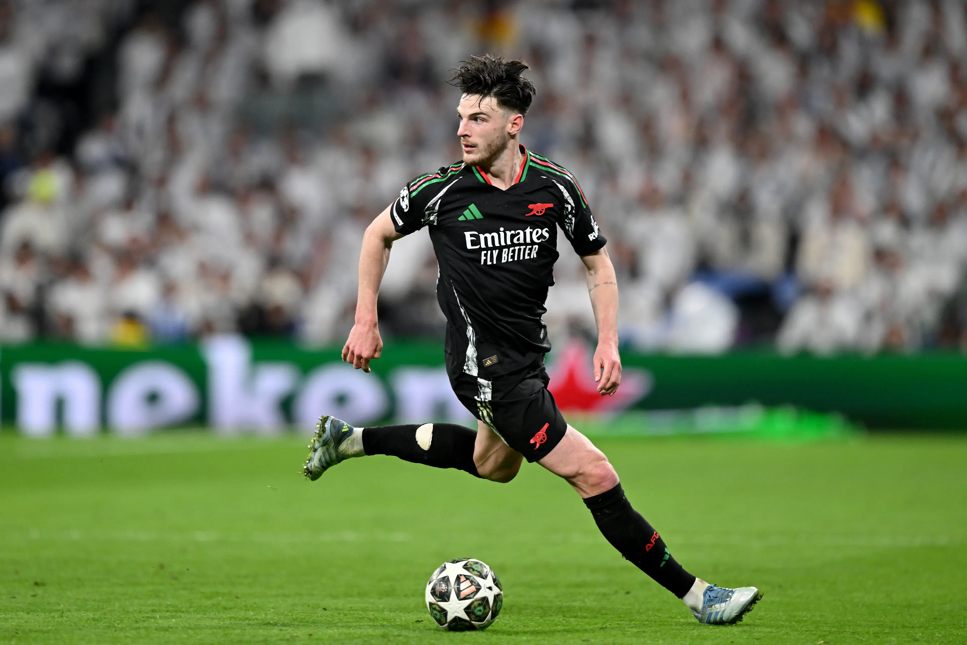 Declan Rice in action for Arsenal against Real Madrid. Image: Getty