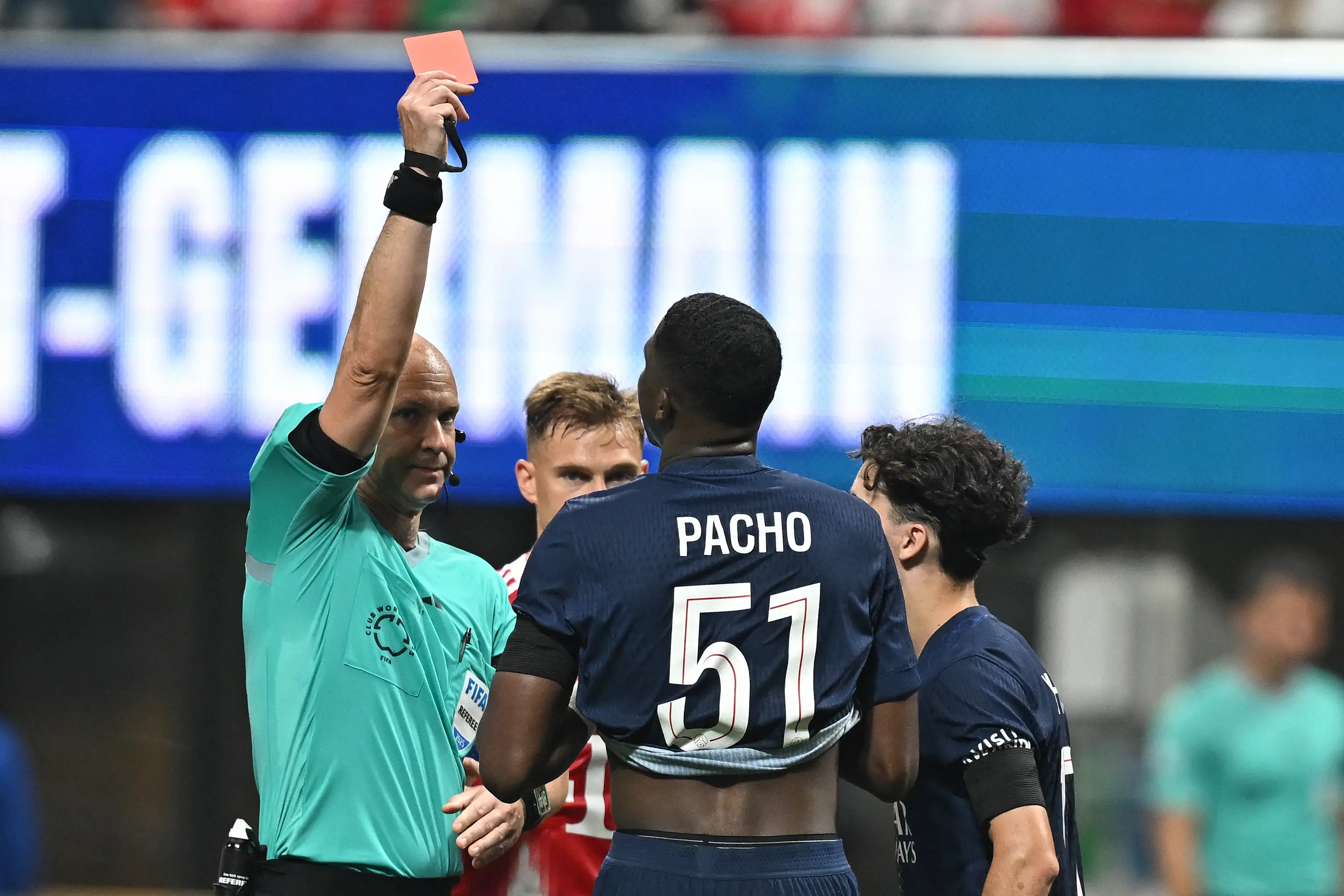 Pacho was shown a straight red card against Bayern Munich. Image: Getty 
