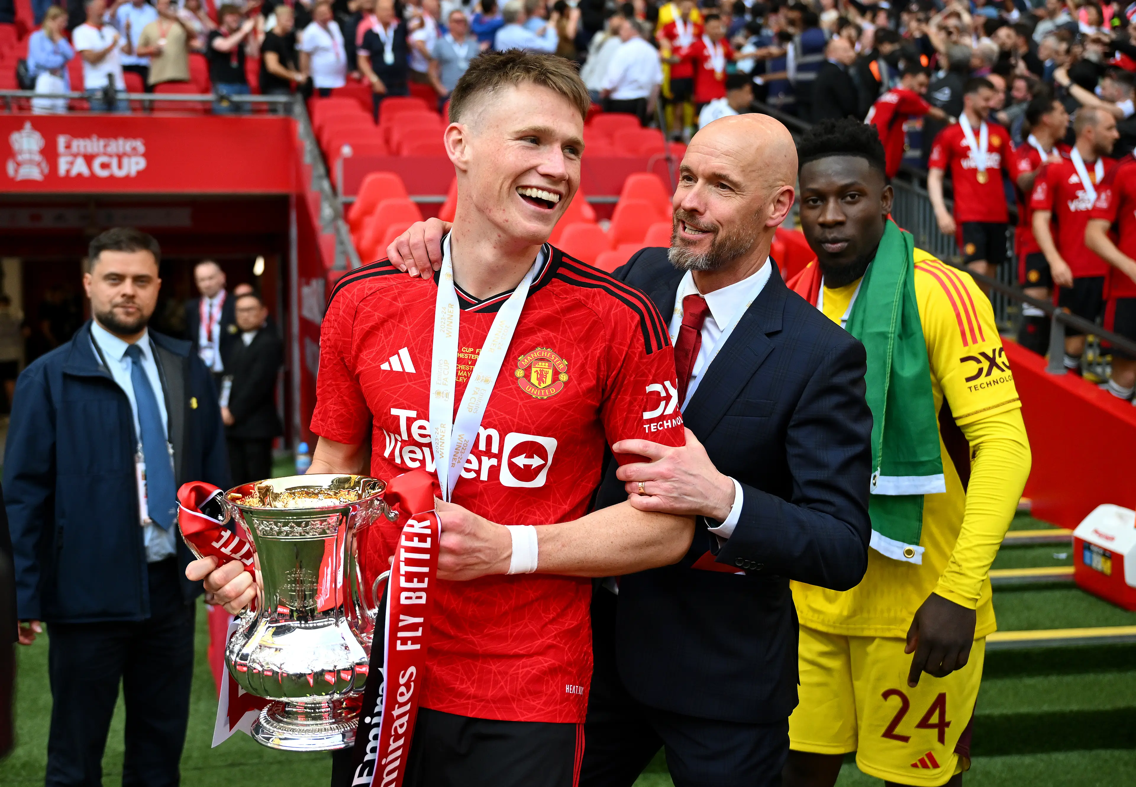 Ten Hag celebrates FA Cup win with Scott McTominay. Image credit: Getty