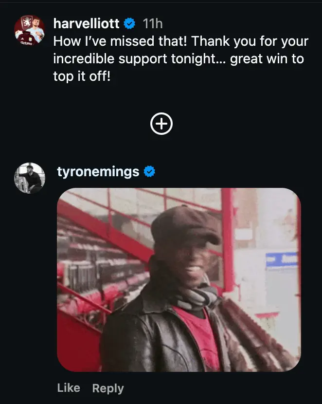 Tyrone Mings joking with Harvey Elliott on Instagram (credit: Instagram)