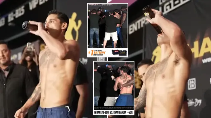 Ryan Garcia appears to ‘down a beer' during Devin Haney weigh-in as brawl kicks off in shocking scenes