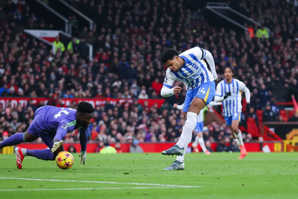 Georginio Rutter scores past Andre Onana for Brighton's third goal vs Man Utd (Image: Getty)