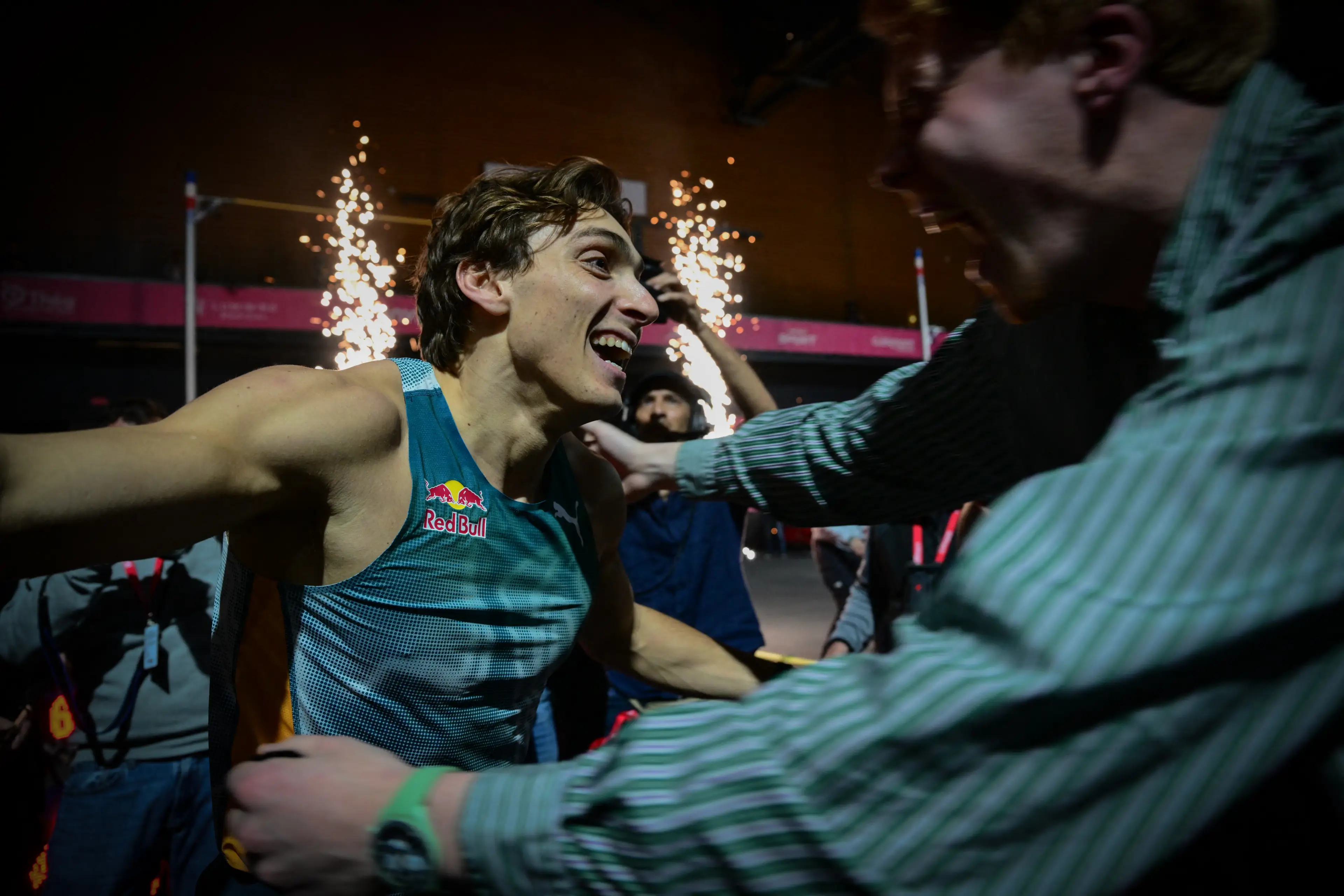 Mondo Duplantis celebrates breaking his own world record yet again. Image: Getty