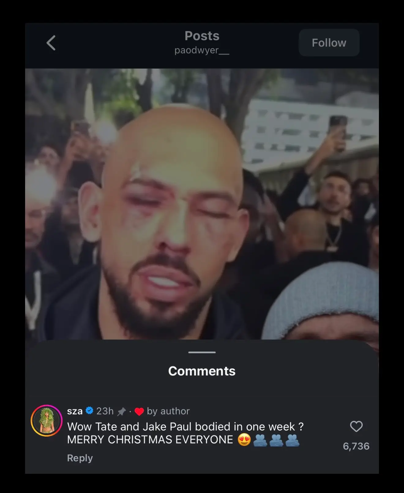 SZA celebrated Jake Paul and Andrew Tate's losses. Image: Instagram