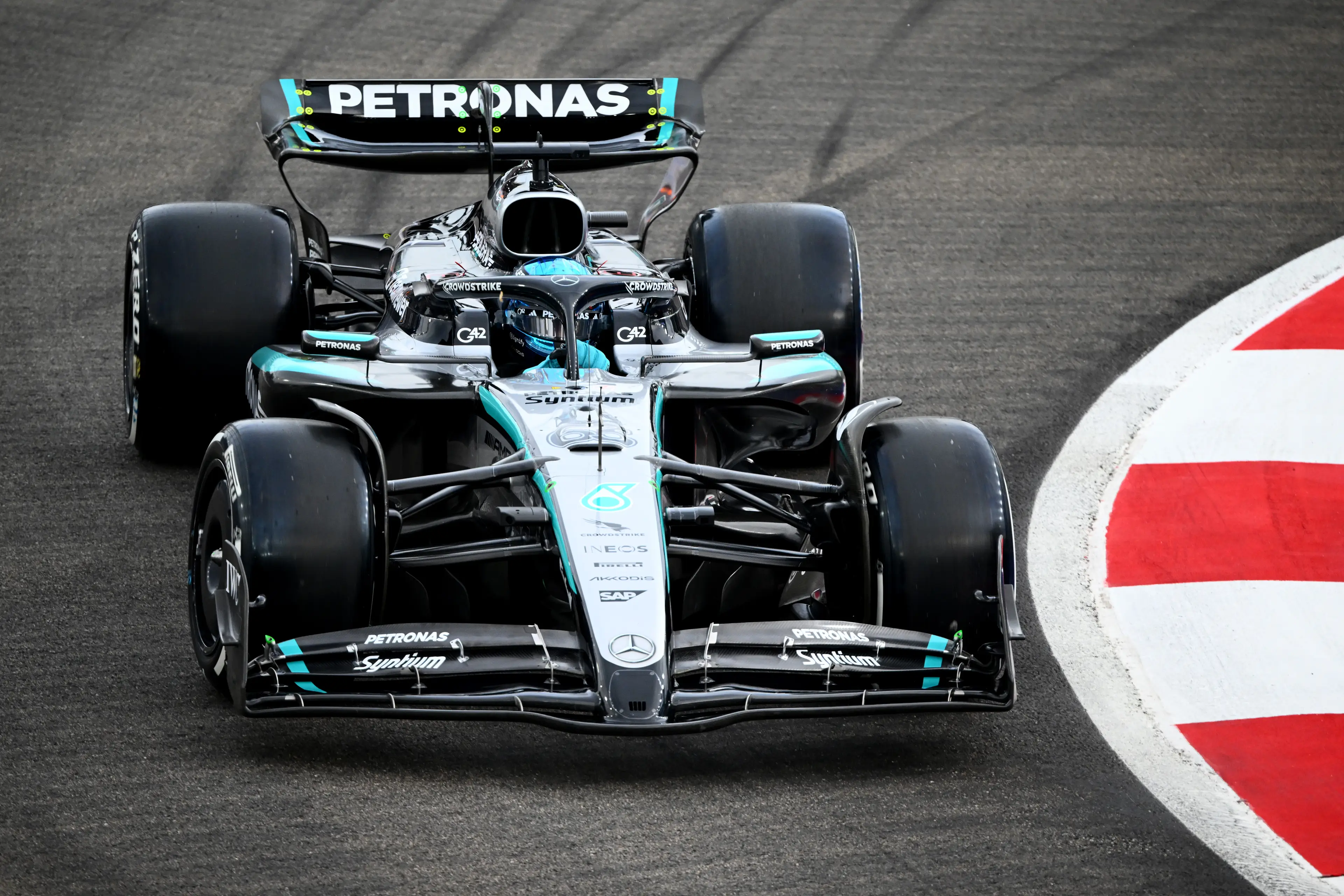 George Russell driving his Mercedes. Image: Clive Mason / Staff via Getty