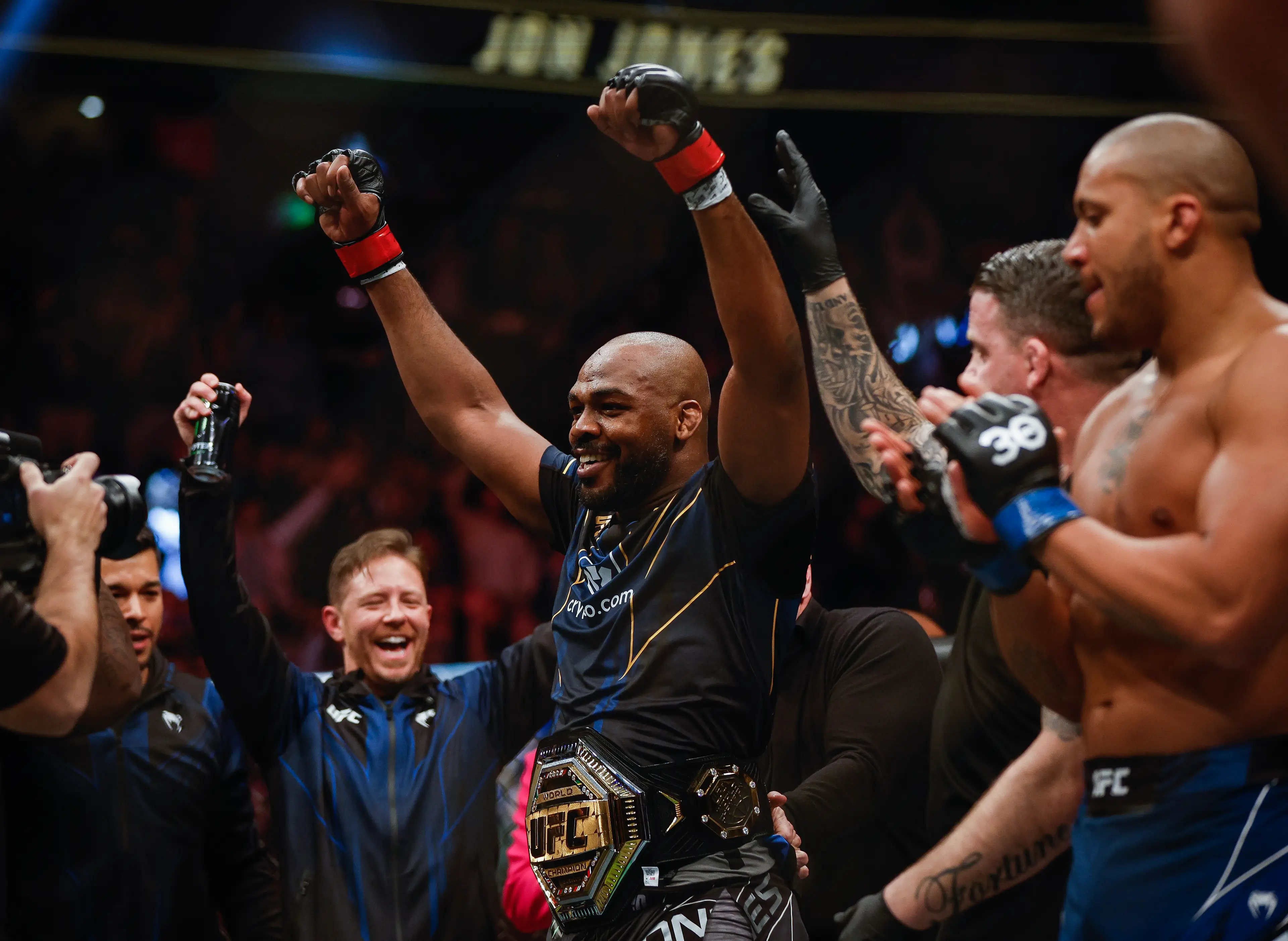 Jon Jones celebrates his victory over Ciryl Gane. image: Getty 